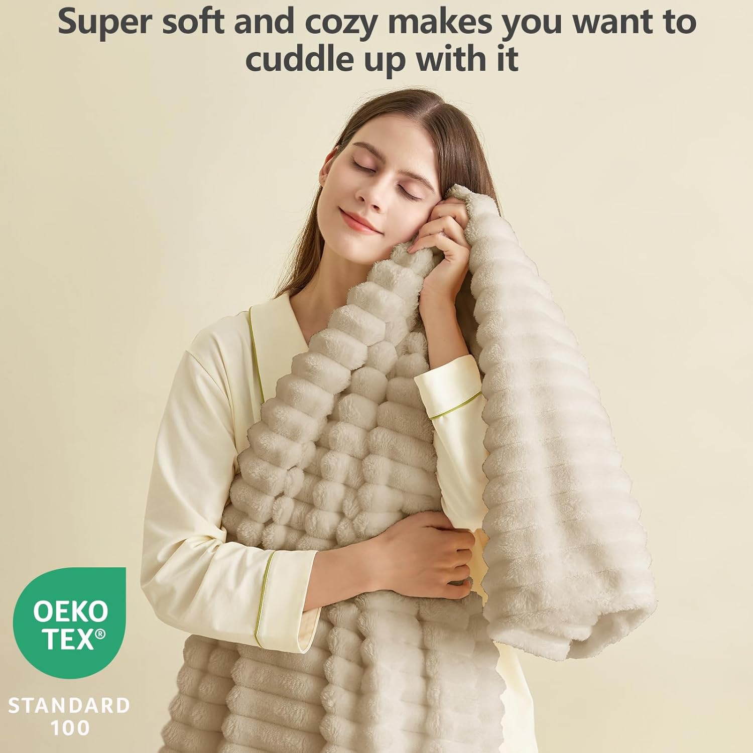 IMEET Linen Ribbed Twin Blanket for Bed - 300GSM Lightweight Soft Fleece Blanket for Men Women, Cozy Blankets Graduation Birthday Gifts, Striped Spring Home School Dorm Decor, Linen, 60x80 Inches