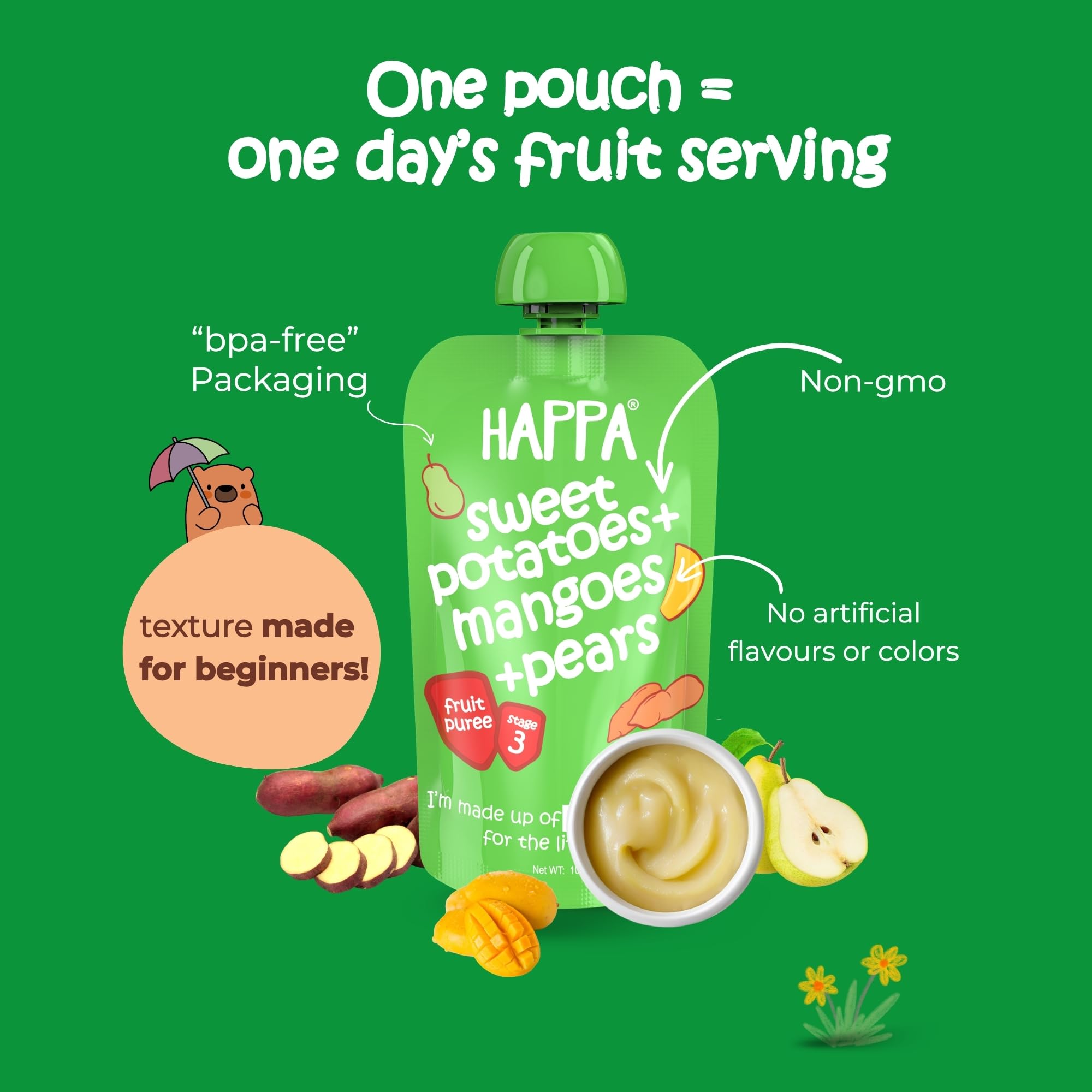 Happa Organic Baby Food Sweet Potato Mango and Pear Puree | 100% Fruits and Vegetables | No Added Sugar, No Milk Powder, No Preservatives | Stage 3 (8 Months+) | Ready to Eat | Free from Common Allergens | Pack of 1 (100g Each) 2