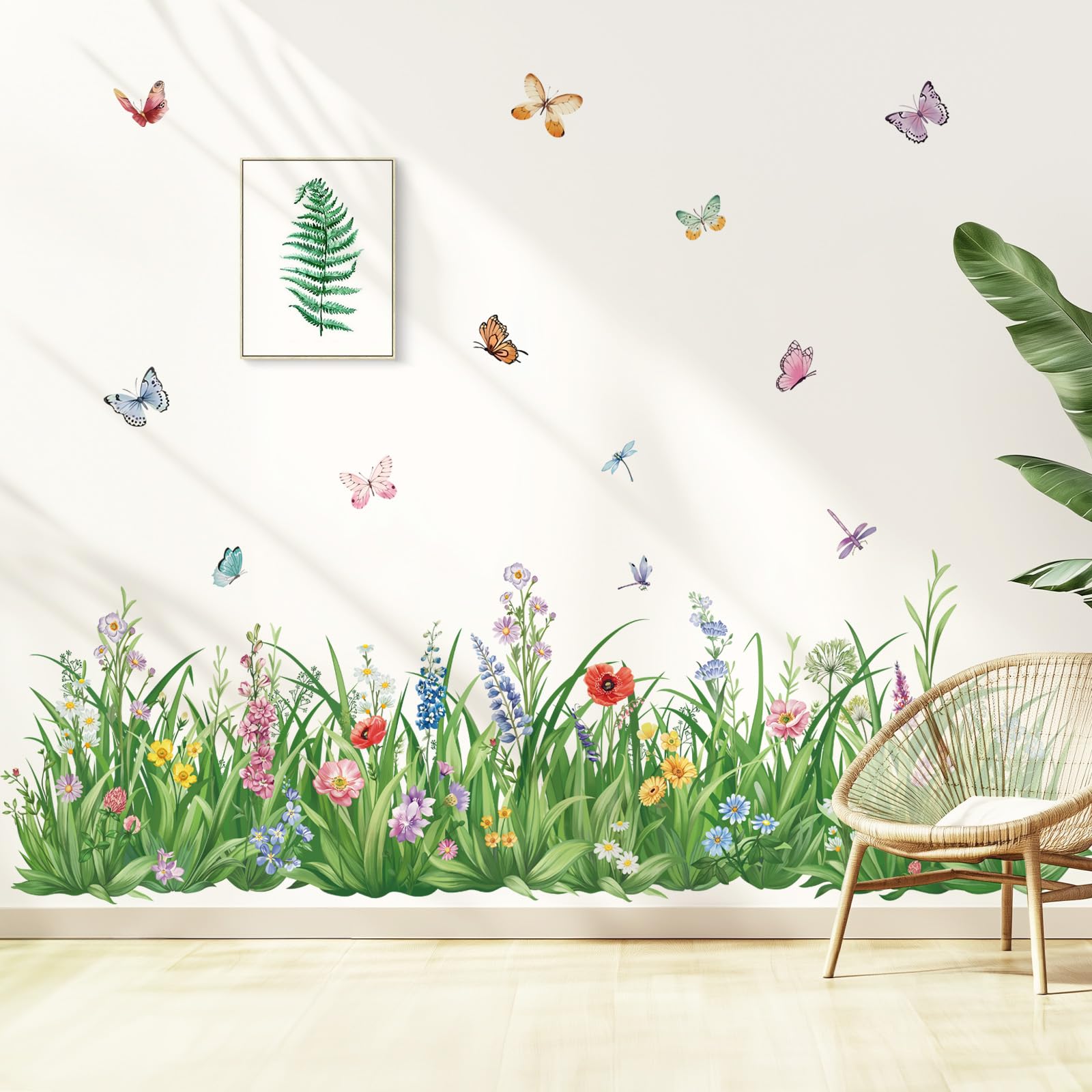 wondever Green Grass Wall Corner Stickers Flowers Butterflies Wildflower Baseboard Skirting Line Wall Decals for Bedroom Living Room