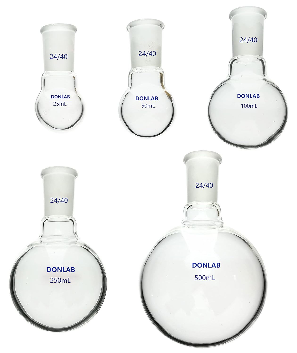 KIT-00305 ASTM STD Glass Single Neck Round Bottom Boiling Flask Set 25, 50, 100, 250, 500ml with 24/40 Joint