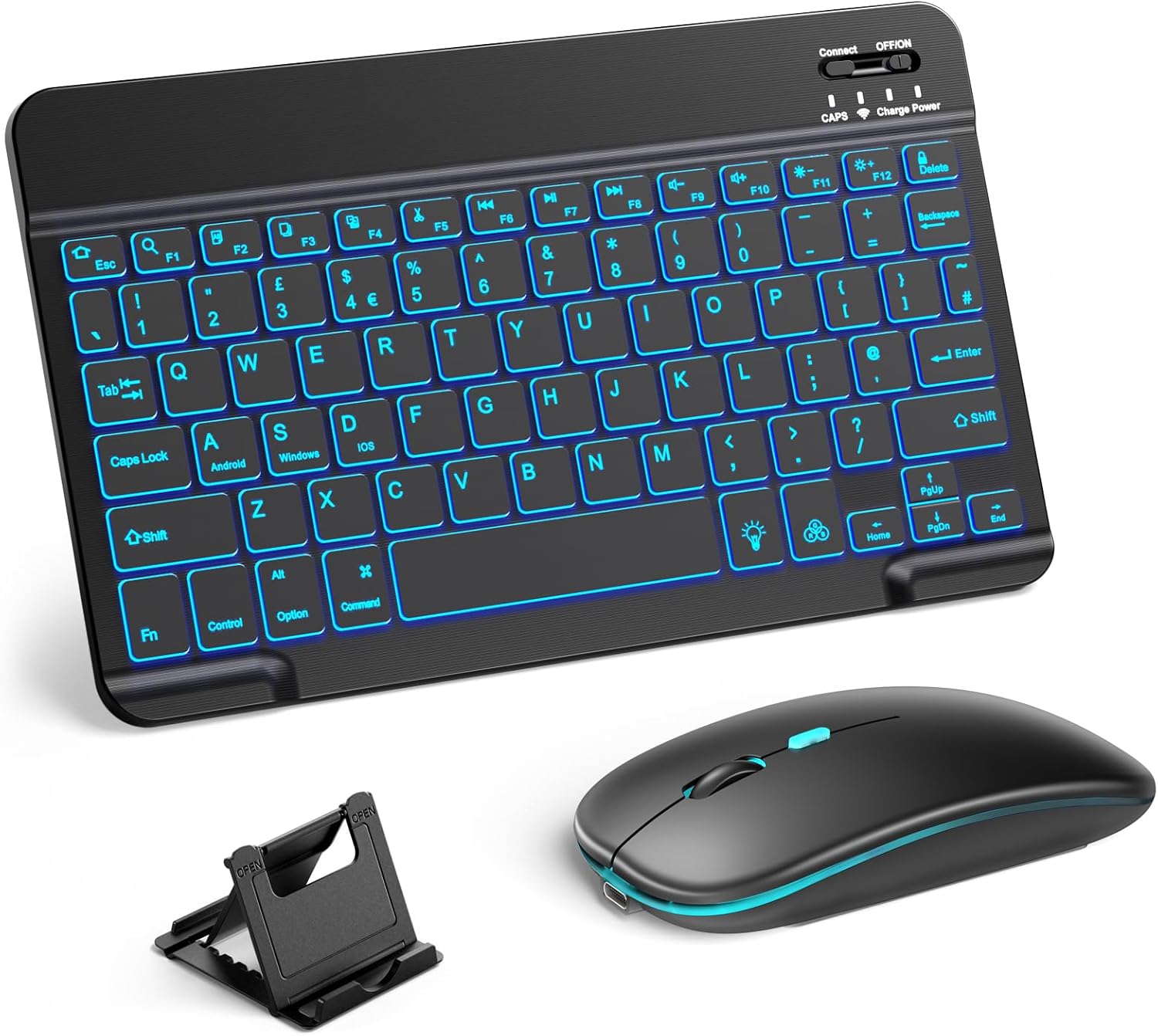 Vobafe Bluetooth Keyboard and Mouse Set with Backlight, Quiet Rechargeable Wireless Keyboard and Mouse with Phone Holder, for iPad/Samsung/iOS/Android/Windows, Ultra-thin keyboard, UK layout, Black