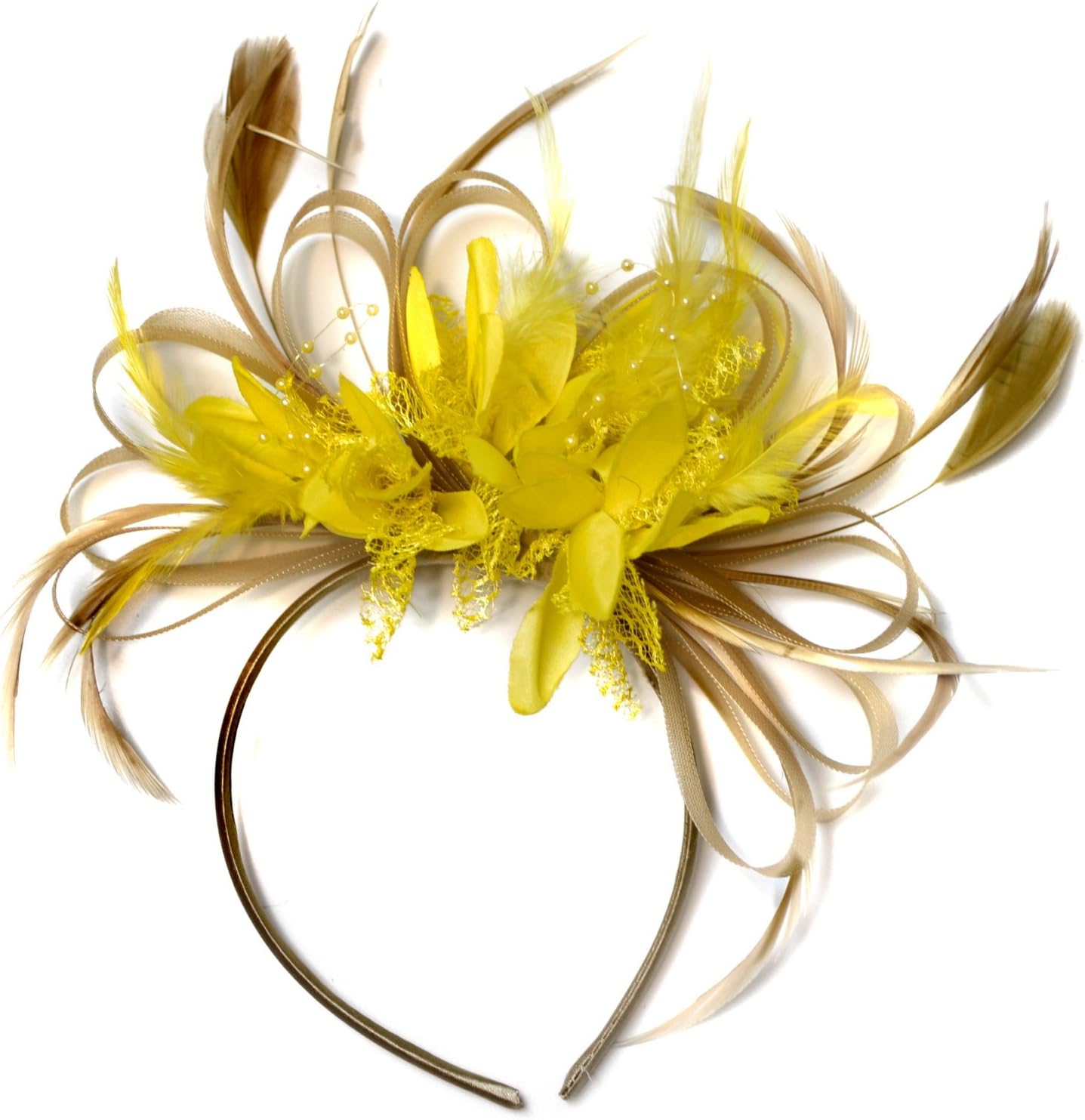Champagne Gold Beige Camel and Yellow Fascinator on Headband Alice Band UK Wedding Ascot Races Derby