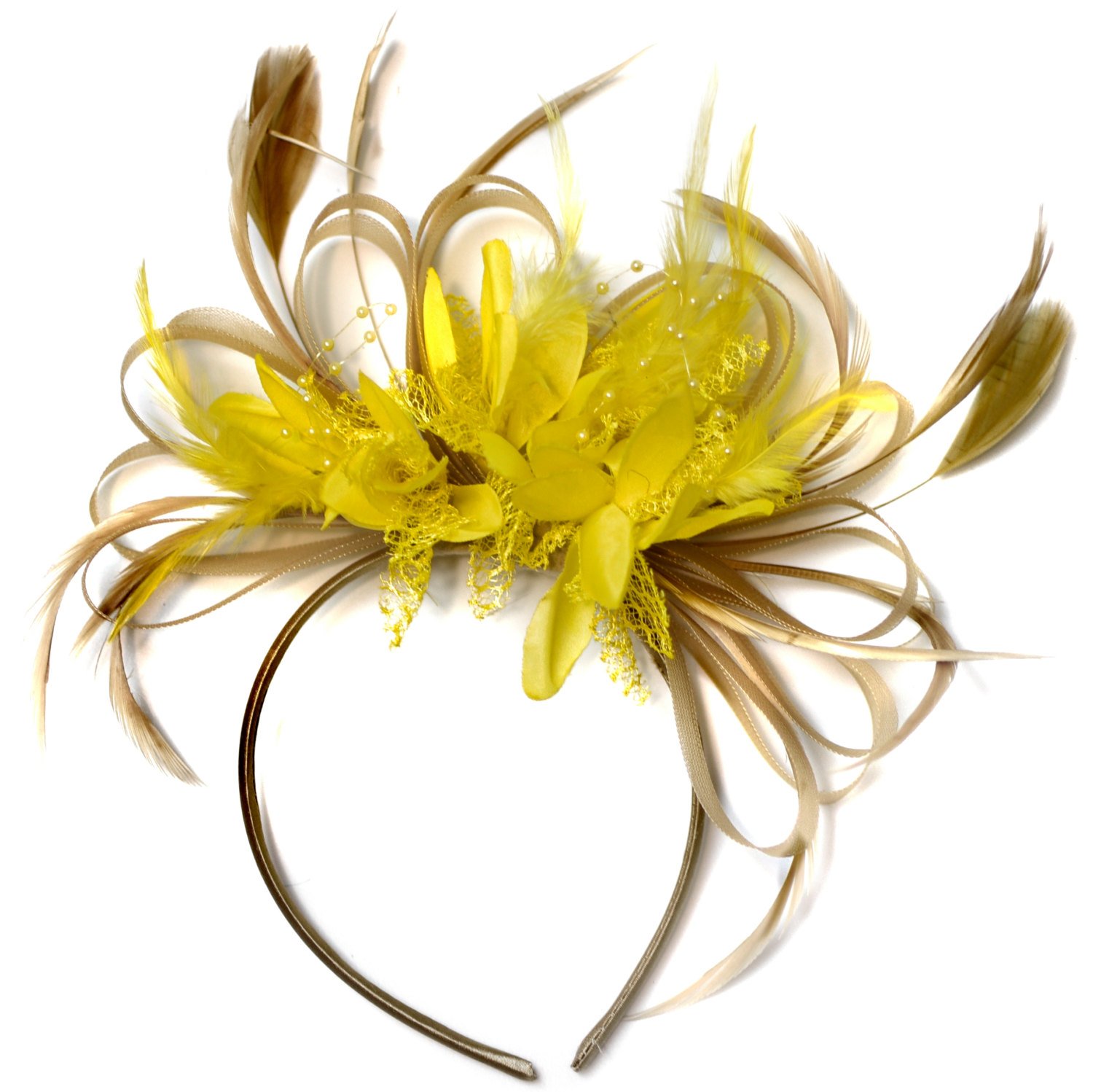 Champagne Gold Beige Camel and Yellow Fascinator on Headband Alice Band UK Wedding Ascot Races Derby