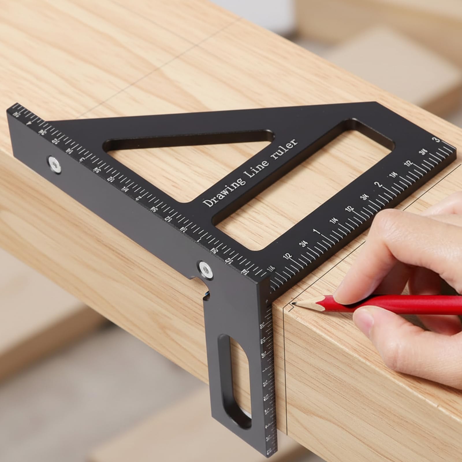 Multi-Angle Measuring Ruler, Precision Carpenter 45/90 Degree Drawing Ruler, Metric Layout Triangle Ruler for Measuring Marking Cutting Alignment and Construction Professionals, Black