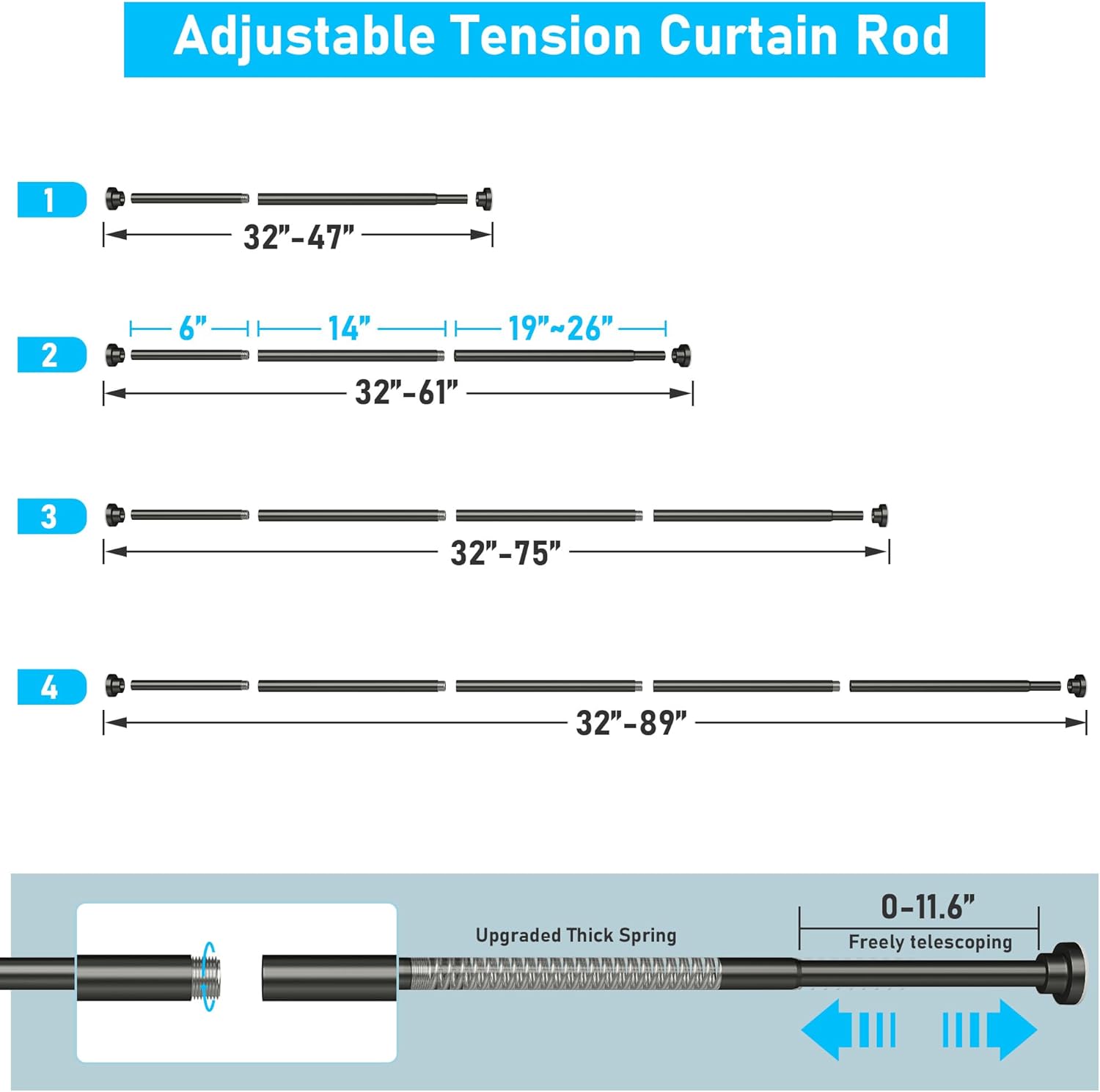 DYHOME Shower Curtain Rod, 1" Dia Heavy Duty Tension Shower Rod, 32-75 inch Adjustable Spring Tension Shower Curtain Rods for Bathroom, Shower Stall, Non Slip, No Rust, No Drill, Black