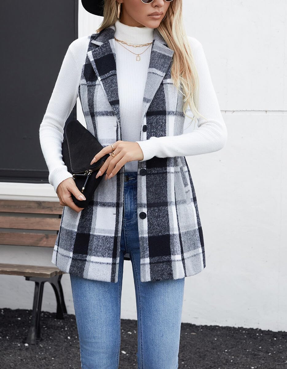 olrain Women Flannel Plaid Sleeveless Blazer Vest Lapel Neck Button Down Long Jacket Outwear Coat With Pockets Fall Winter - Image 3