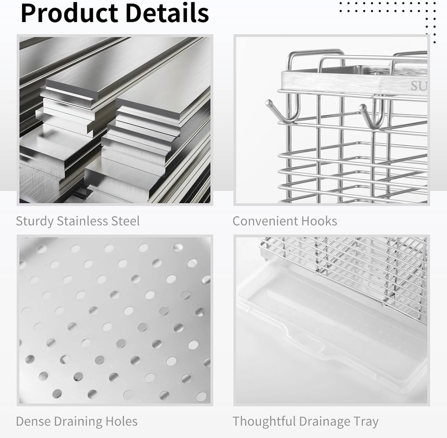 Kitchen Stainless Steel Utensil Rack, 3-Section Draining Basket With Drainage Tray, 4 Hooks, Organizer For Spoons, Forks, Chopsticks, And Cutlery