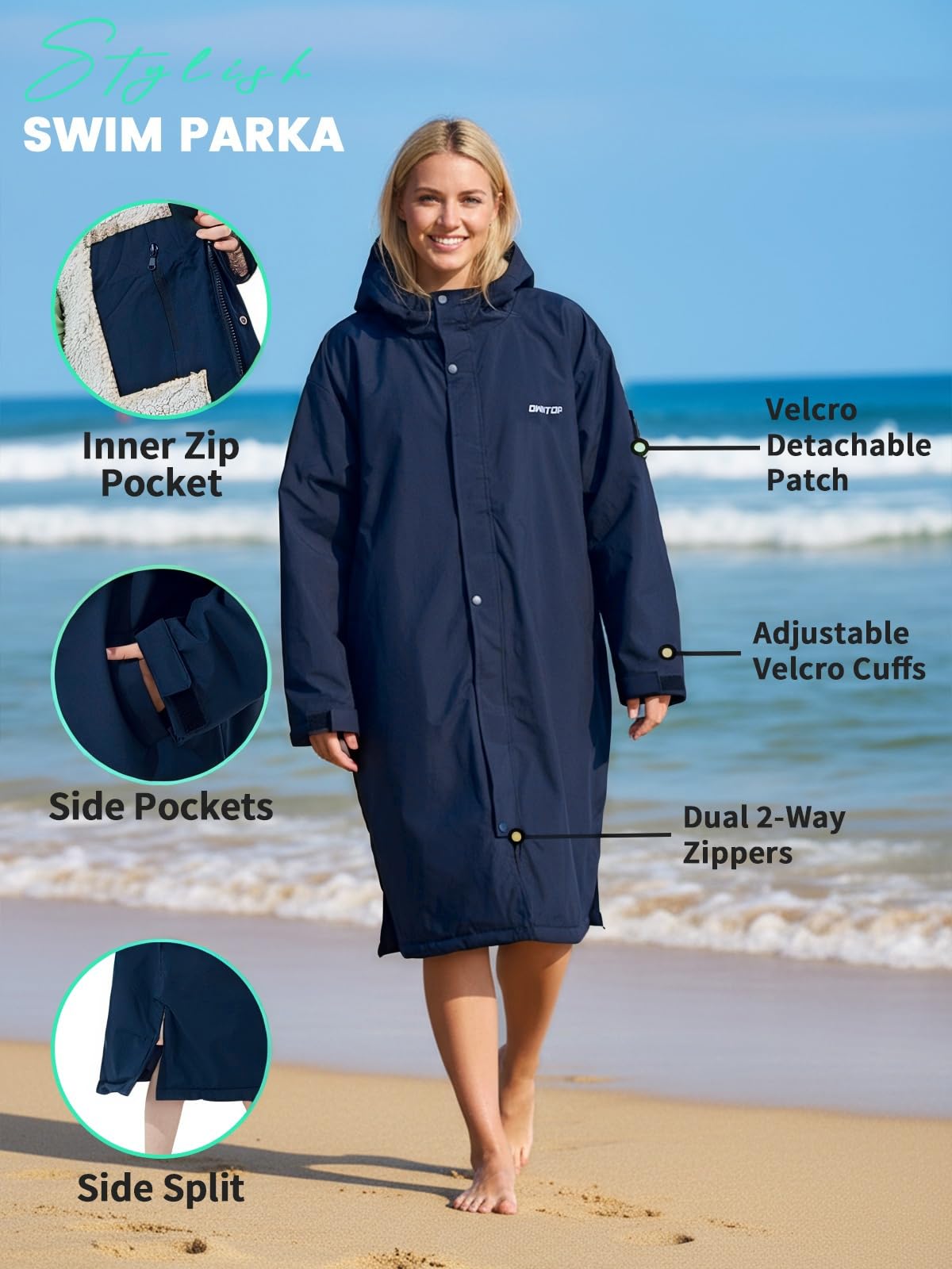 Owntop Wasserdichter Wickelmantel für Damen Herren – Quick-Dry Strand Schwimm Mantel, Winddichter Übergroßer Langarm Mantel mit Kapuze Borg-Fleece-Futter (Unisex für Erwachsene Kinder)