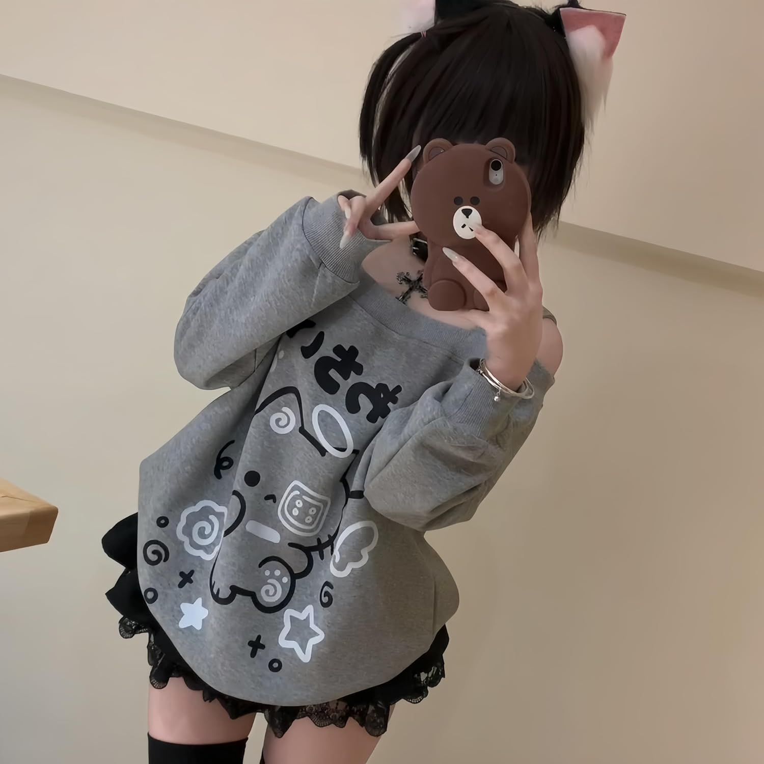 Y2K Off Shoulder Kawaii Cute Graphic Sweatshirt Casual Long Sleeves Hrajuku Tops Cat Print Pullover Sweatshirts - Image 4