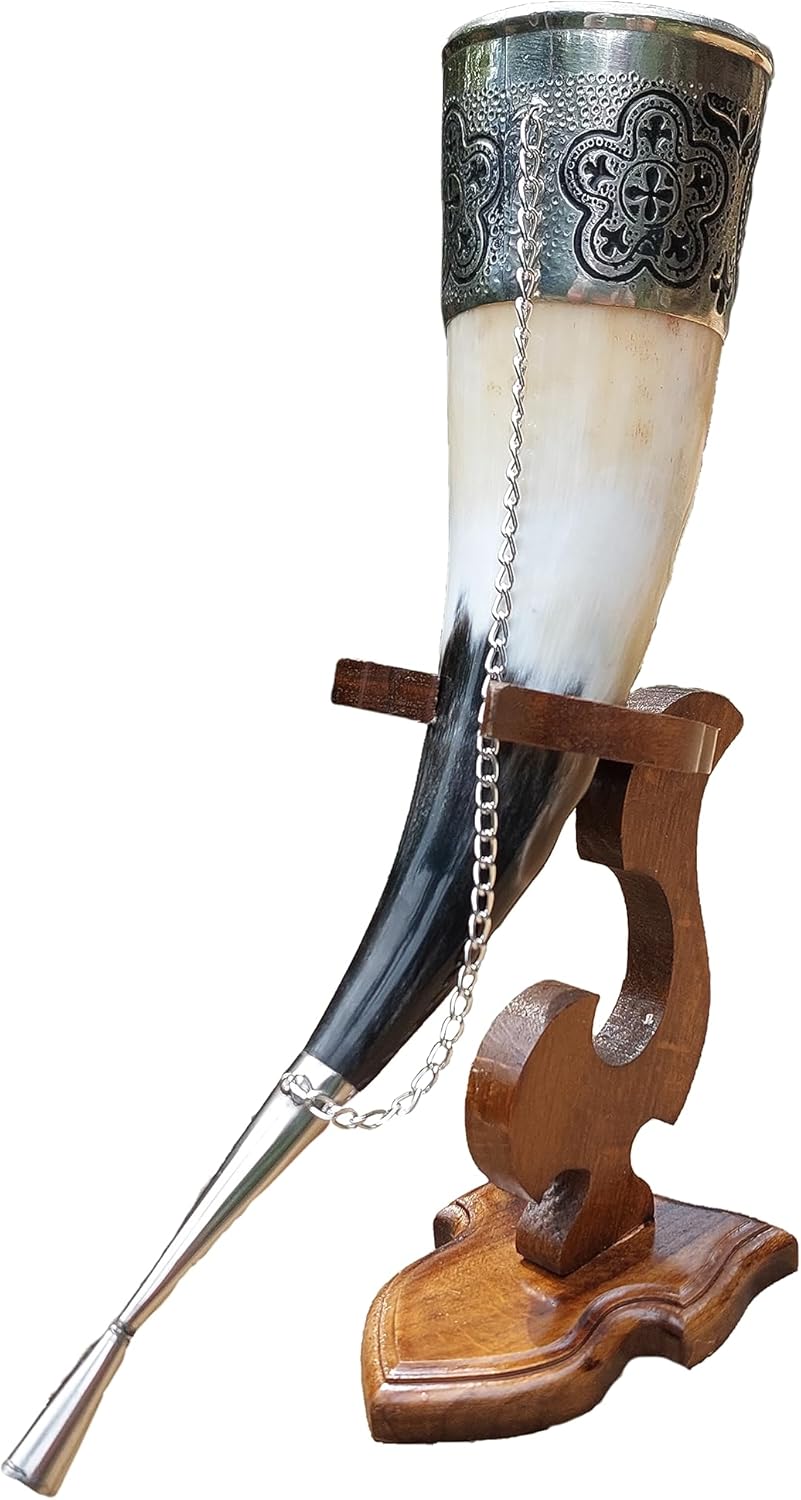 Viking Drinking Horn, 5-7oz Medieval Natural Handcrafted Horn with Wooden Stand