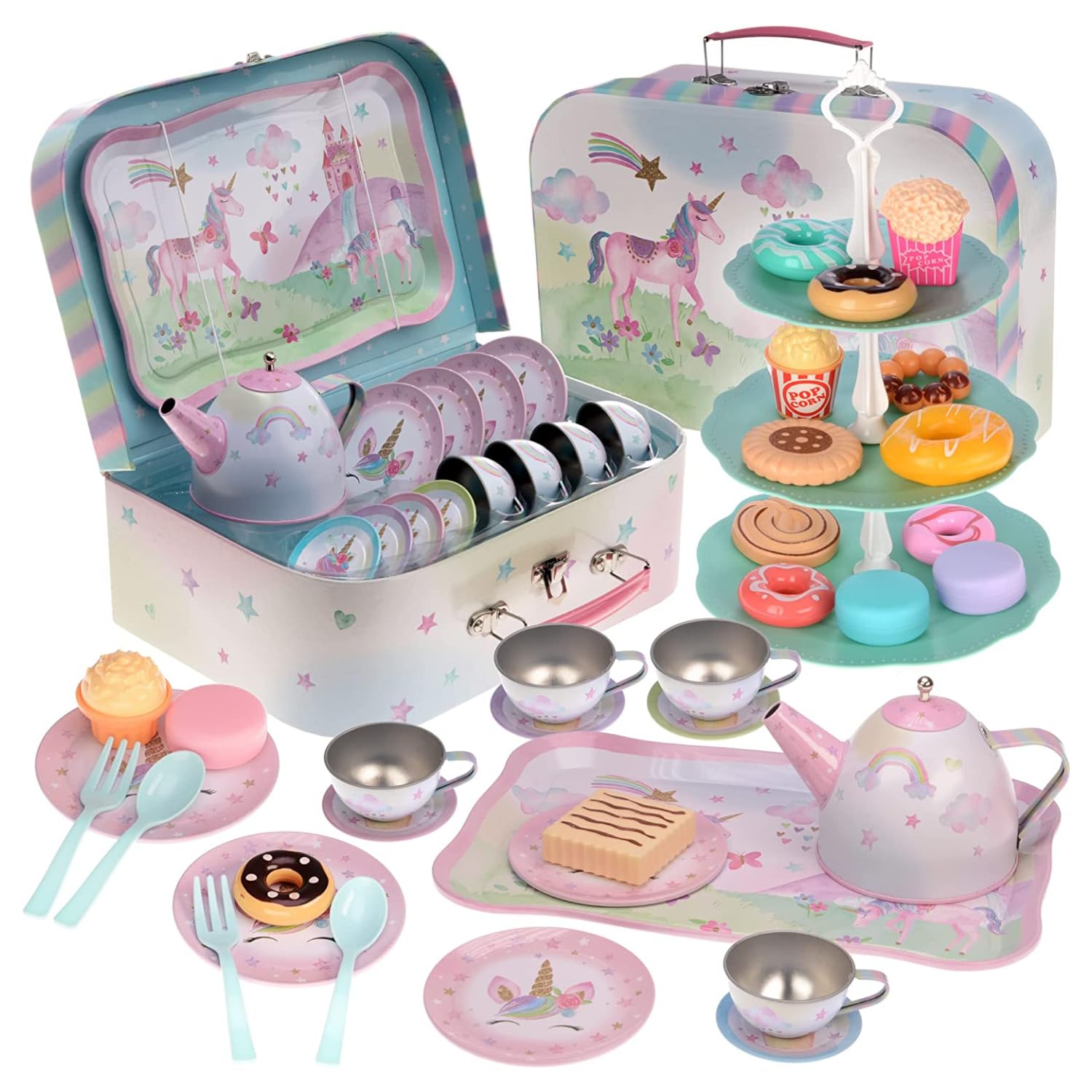 Jewelkeeper 42 Piece Tea Party Set for Little Girls Gift Pretend Kids Toy Tin Tea Set + Food & Carrying Case - Party Unico...