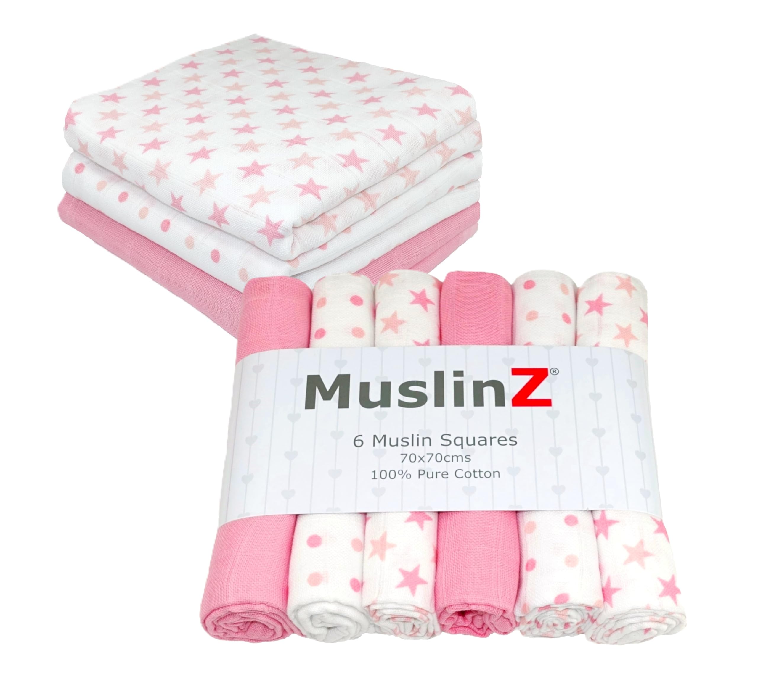 MuslinZ Muslin Cloths for Baby - Baby Burp Cloths - 6 Pack Muslin Squares - Large 70x70cm - Pure Cotton - Soft, Absorbent & Breathable - Multi Use Newborn Cloths - UK Brand (Pink Star)