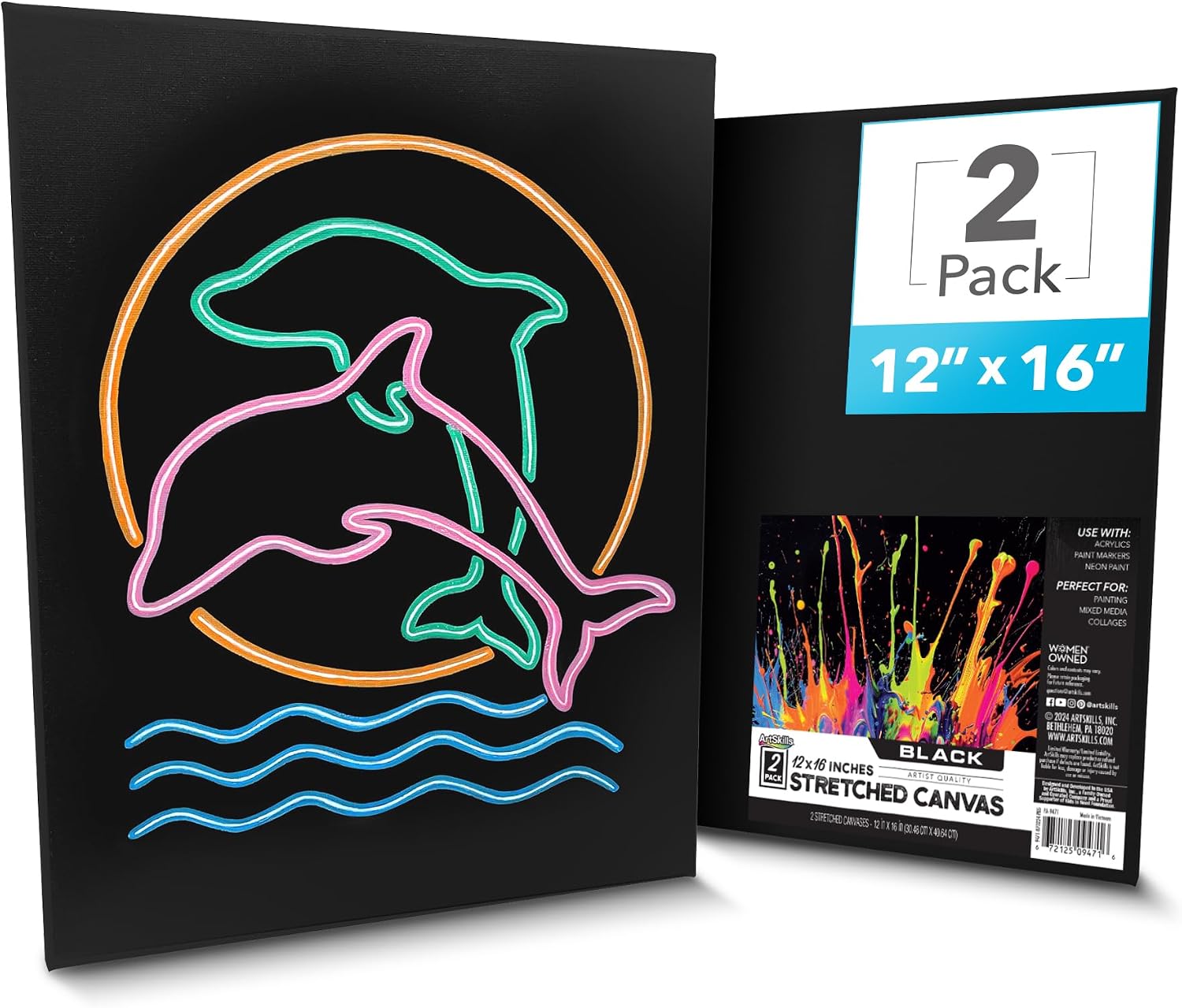 ArtSkills Black Canvas, Stretched Canvases for Painting, Supplies for Artists, 12x16, 2-Pack
