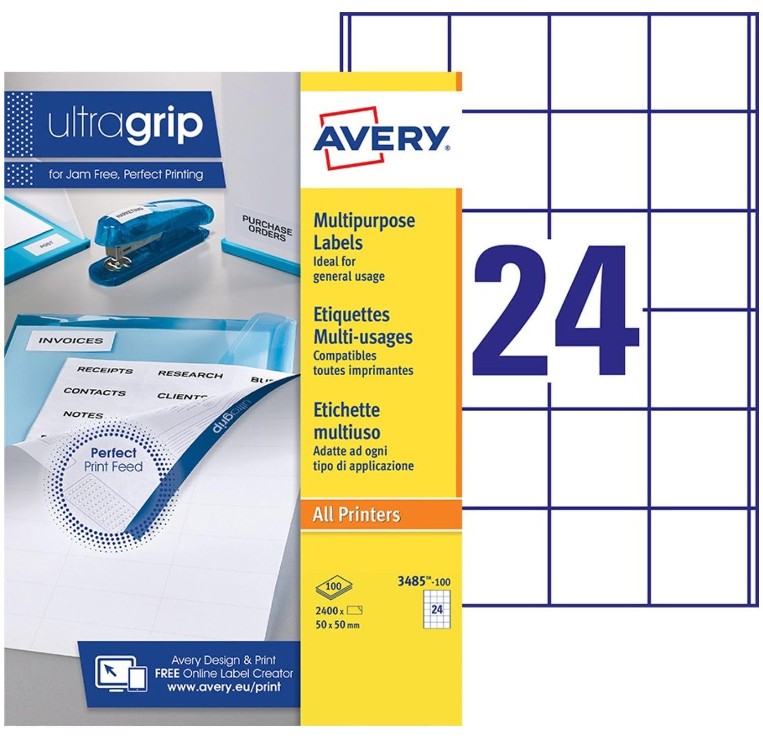 AVERY - 2400 Étiquettes Multi-Usages UltraGrip Personnalisables - Sans Bourrage - Format 50 x 50 mm - Impression Laser, Jet d'Encre et Copieur
