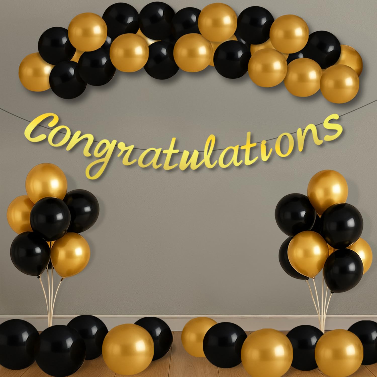 Party Propz Congratulations Decoration Items - Set of 42 Pcs Congratulations Banner For Decoration | Black and Golden Balloons | Graduation Decoration | Happy Retirement Decoration (Latex, Cardstock)
