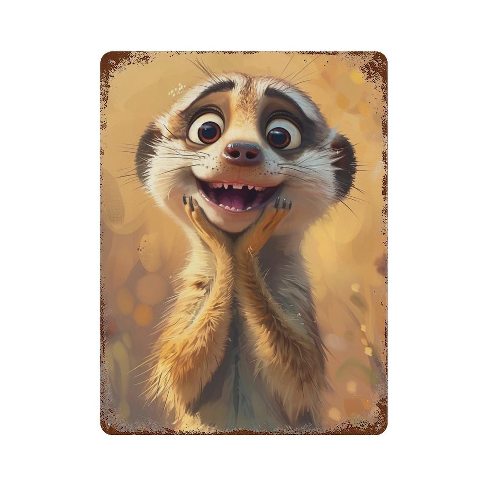 Rust Effect Happy Meerkat Greeting Vintage Rust Metal Sign 15.7"x11.8", Classic Wall Plaque for Shed, Workshop And Garage Wall Decor