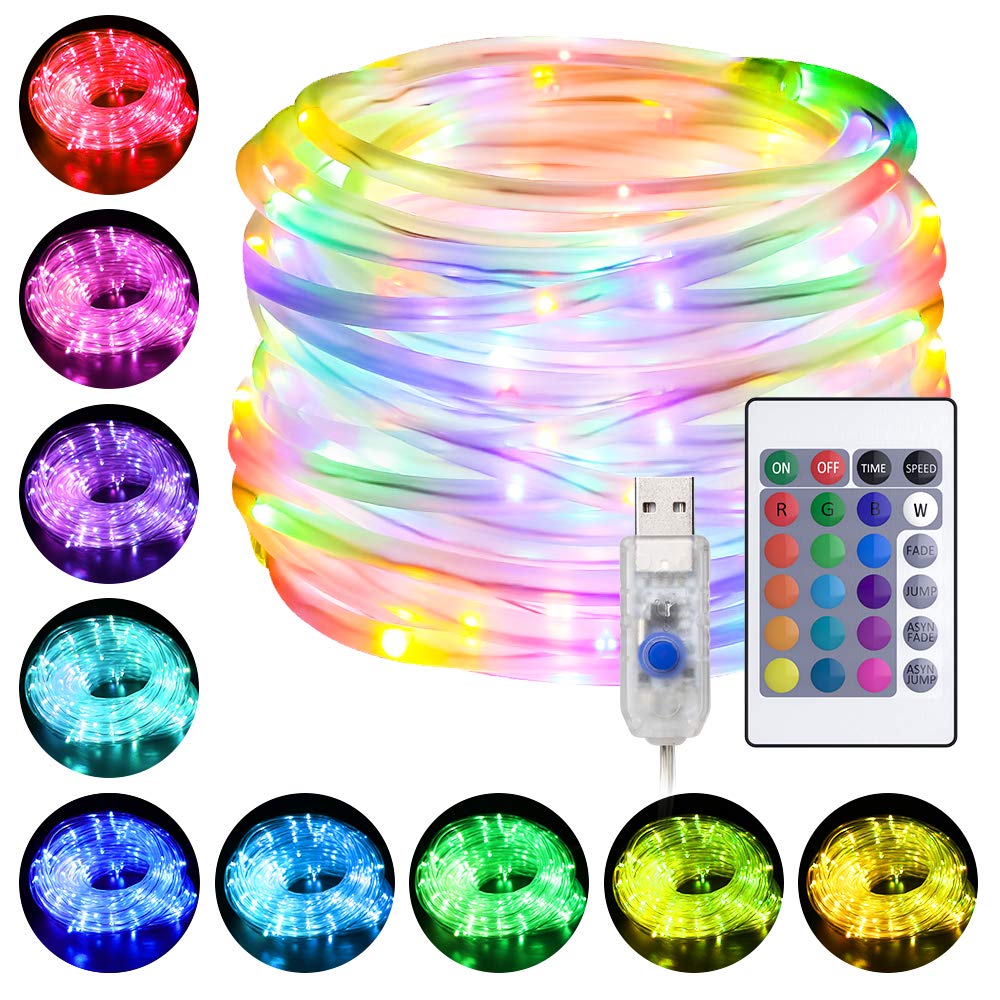 LED Rope Lights Outdoor, 33ft RGB Color Changing String Lights with 100 LEDs, 4 Modes 16 Colors USB Powered Rope Tube Light with Remote, Waterproof, for Christmas Party Indoor Outdoor Decor