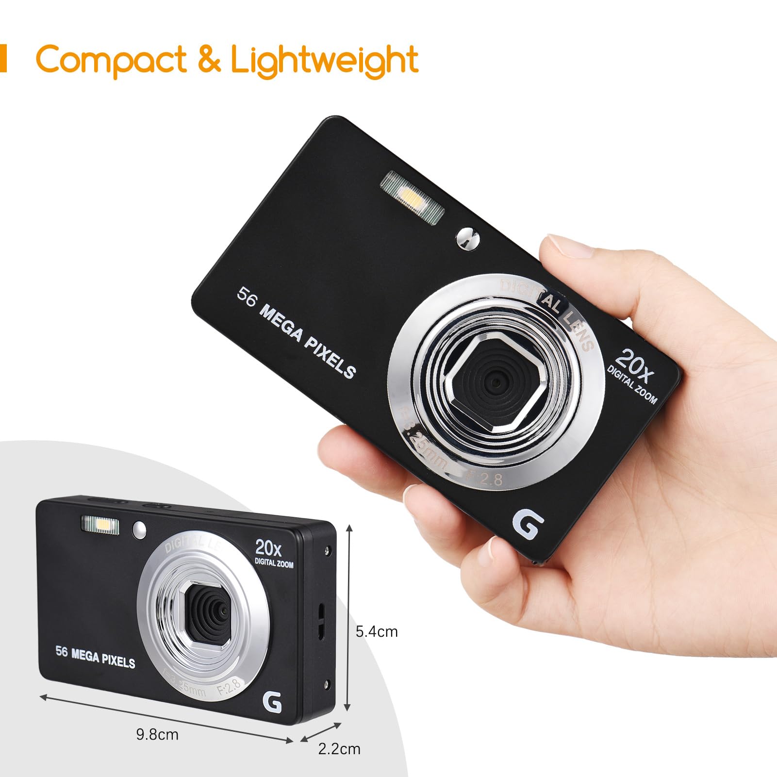 Cámara Digital Compacta, Andoer Cámara de Fotos, 56MP 4K 2,7 Pulgadas Recargable Camara de Fotos Digital con Zoom 20X Camara Digitales Compacta para Principiantes, Niño, Adulto(Negro)