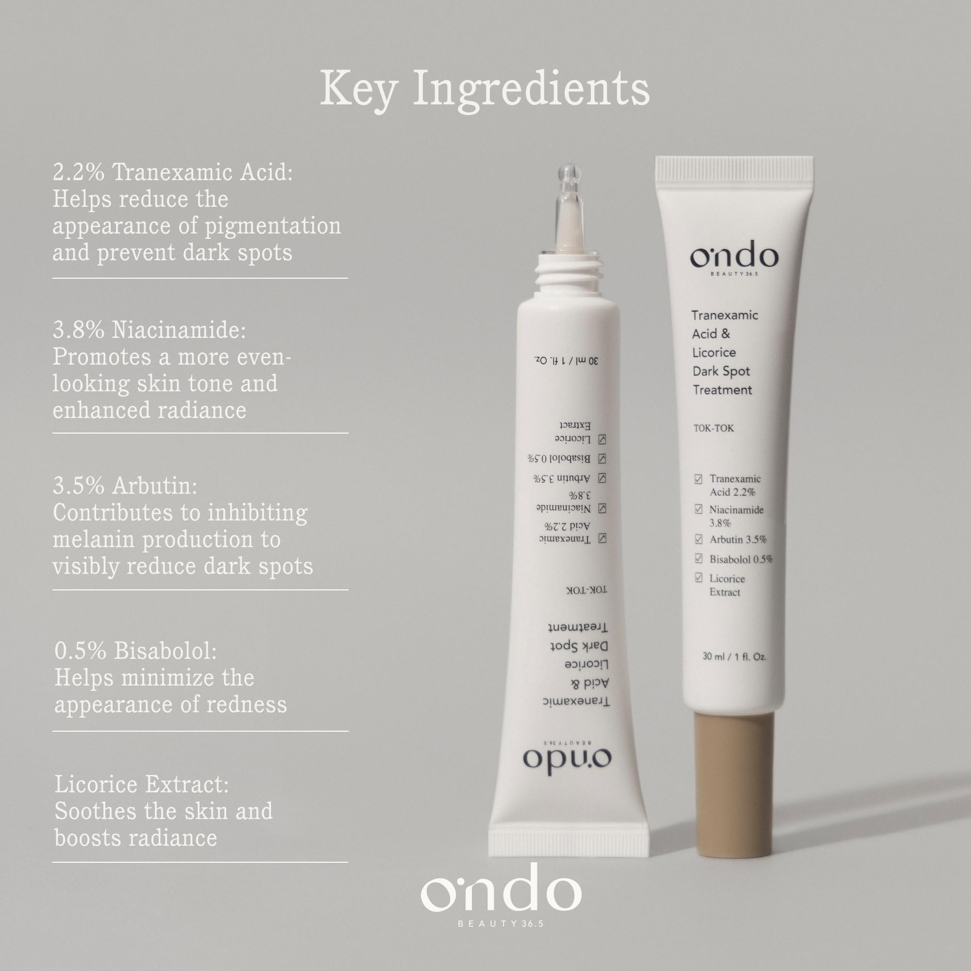 Ondo Beauty 36.5 TRANEXAMIC ACID & LICORICE DARK SPOT TREATMENT, Wegański krem z kwasem traneksamowym i niacynamidem, zabieg na plamy na twarzy, przebarwienia, jednolity odcień skóry, 30 ml