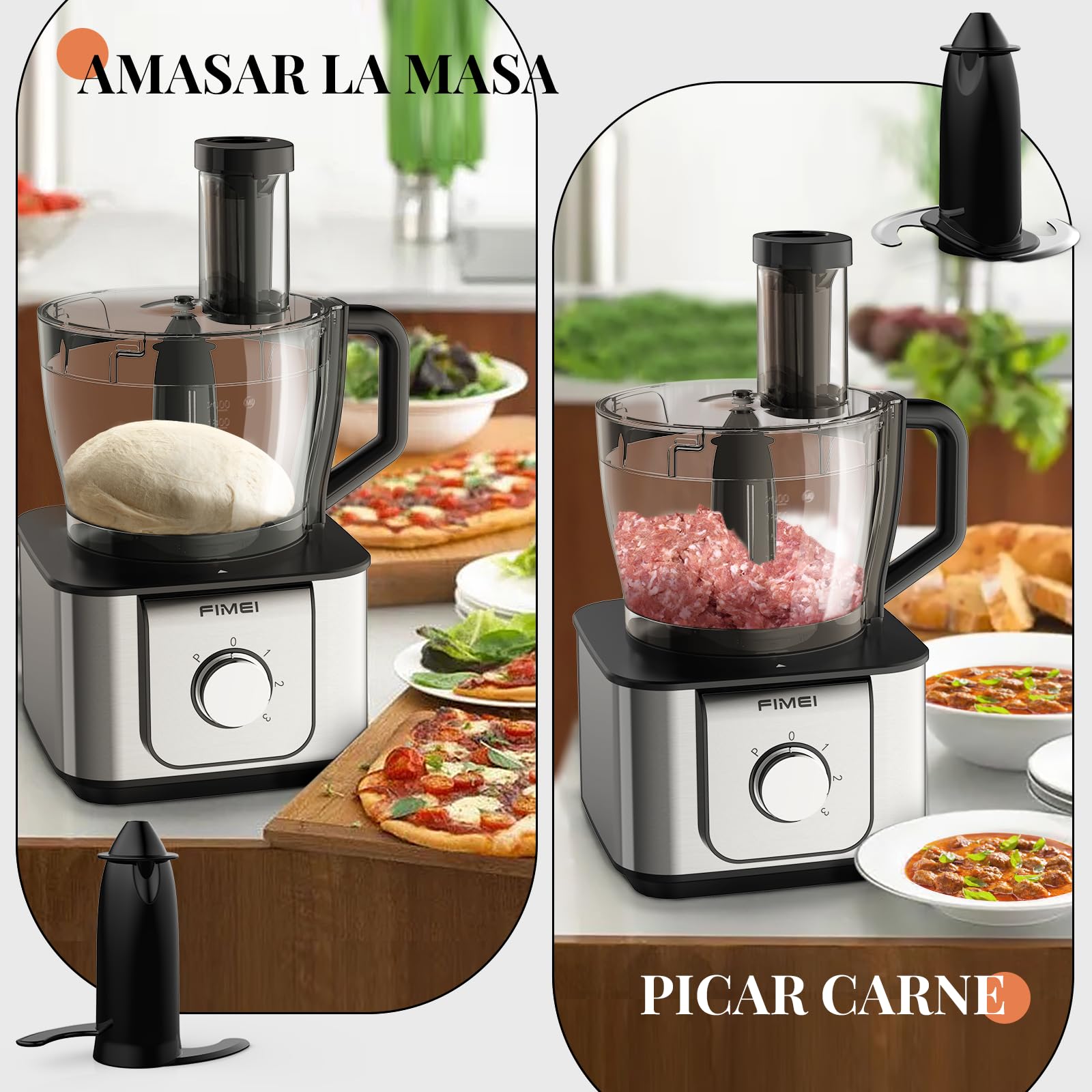 FIMEI Procesador de alimentos multifuncional 1100W, 3 velocidades y función Pulse, 3.2L picadora, 1.5L batidora, molinillo, exprimidor de cítricos, amasadora, rallador y disco reversible para rebanar