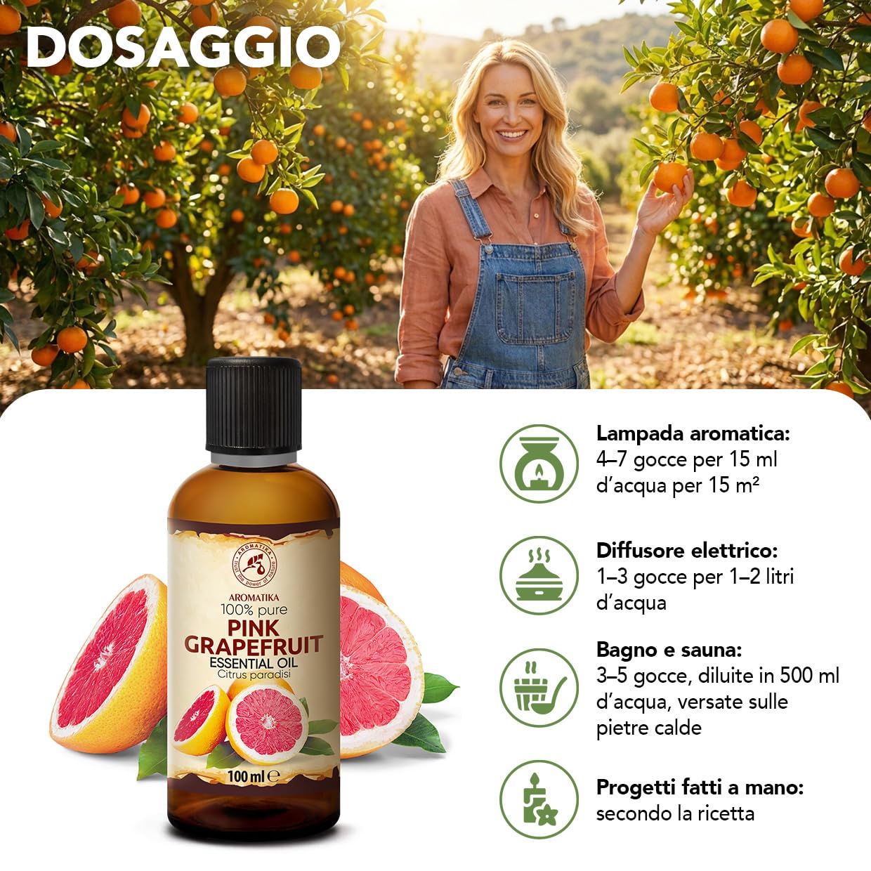 Olio Essenziale di Pompelmo Rosa 100 ml - per Diffusore e Aromaterapia | Per diffusori e lampade aroma; saponi e candele; profumo per la casa; aroma di agrumi; fragranza fresca; profumo d’ambiente