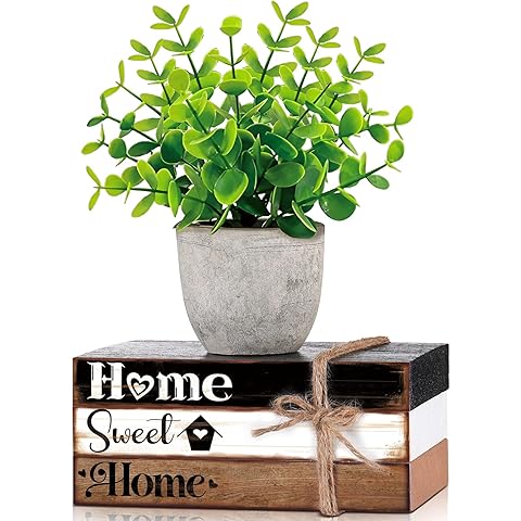 Wesiti 4 Pcs Home Sweet Home Decoration Table Centerpieces with Fake Eucalyptus Pot Plant Farmhouse Tiered Tray Tabletop Decor Wooden Book Stack Block Sign for Desk Shelf Housewarming Gift