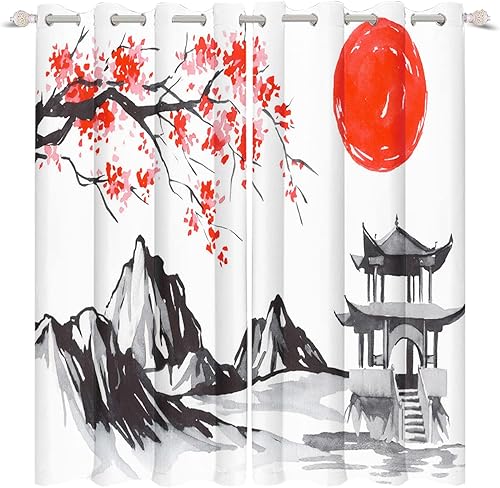 Miniatura 4 de Cortinas opacas japonesas con diseño de torre de cerezo, monte Fuji, cortinas de ventana para dormitorio, sala de estar, cocina, estilo asiático,