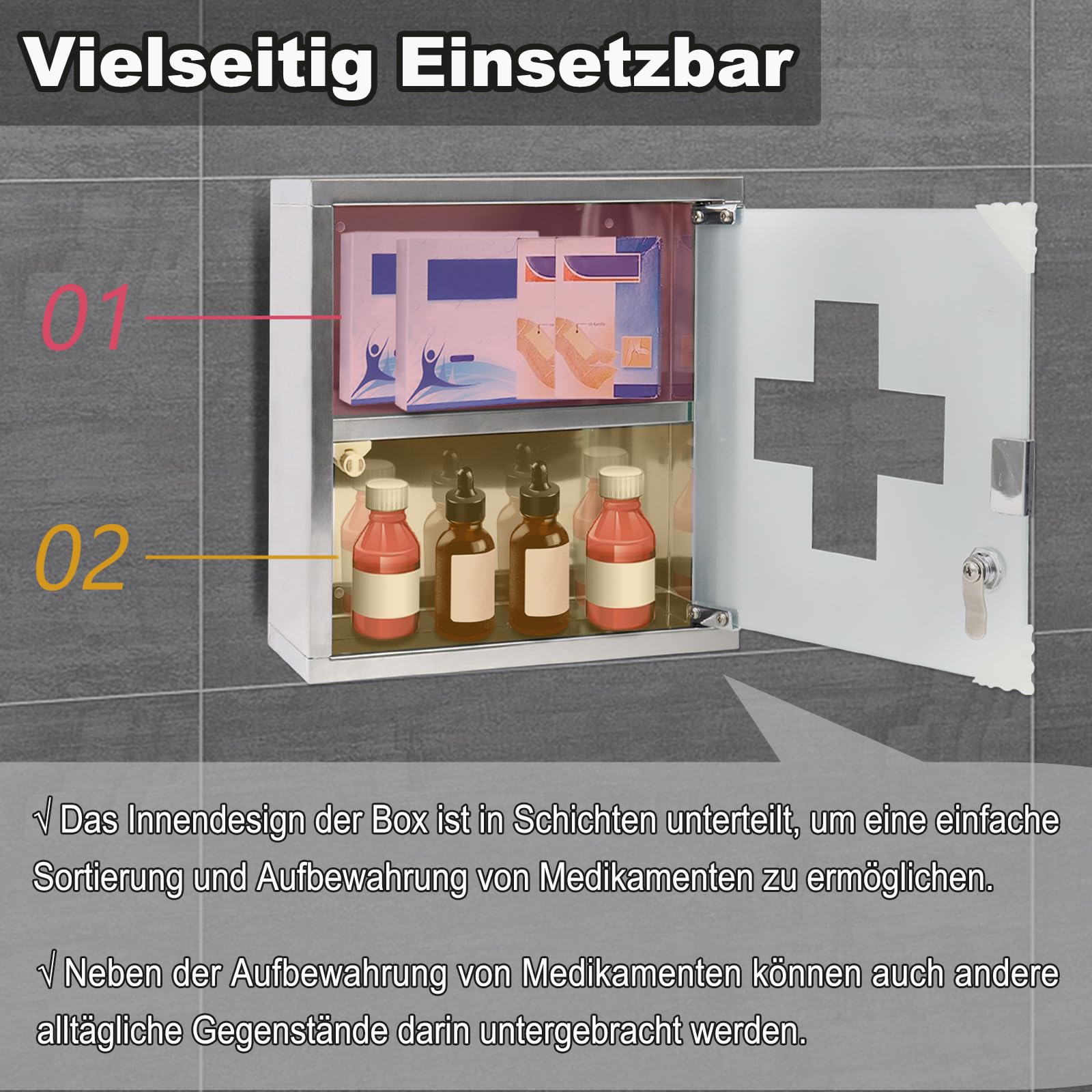 Aufun Medizinschrank aus Edelstahl, abschließbarer Arzneischrank Hausapotheke mit Glas Tür, Erste Hilfe Schrank, 2 Fächer für zu Hause, Silber, 30x30x12cm