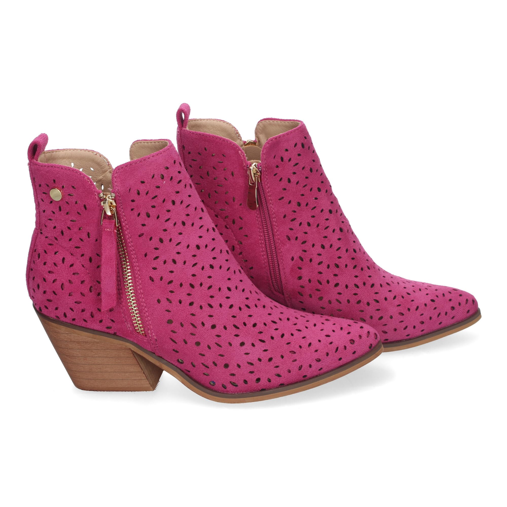 Botines de Tacon Campero para Mujer Primavera Verano Elegantes y Comodos, Diseno Perforado con Doble Cremallera Lateral con Fleco, Ideal para Cualquier Ocasion.