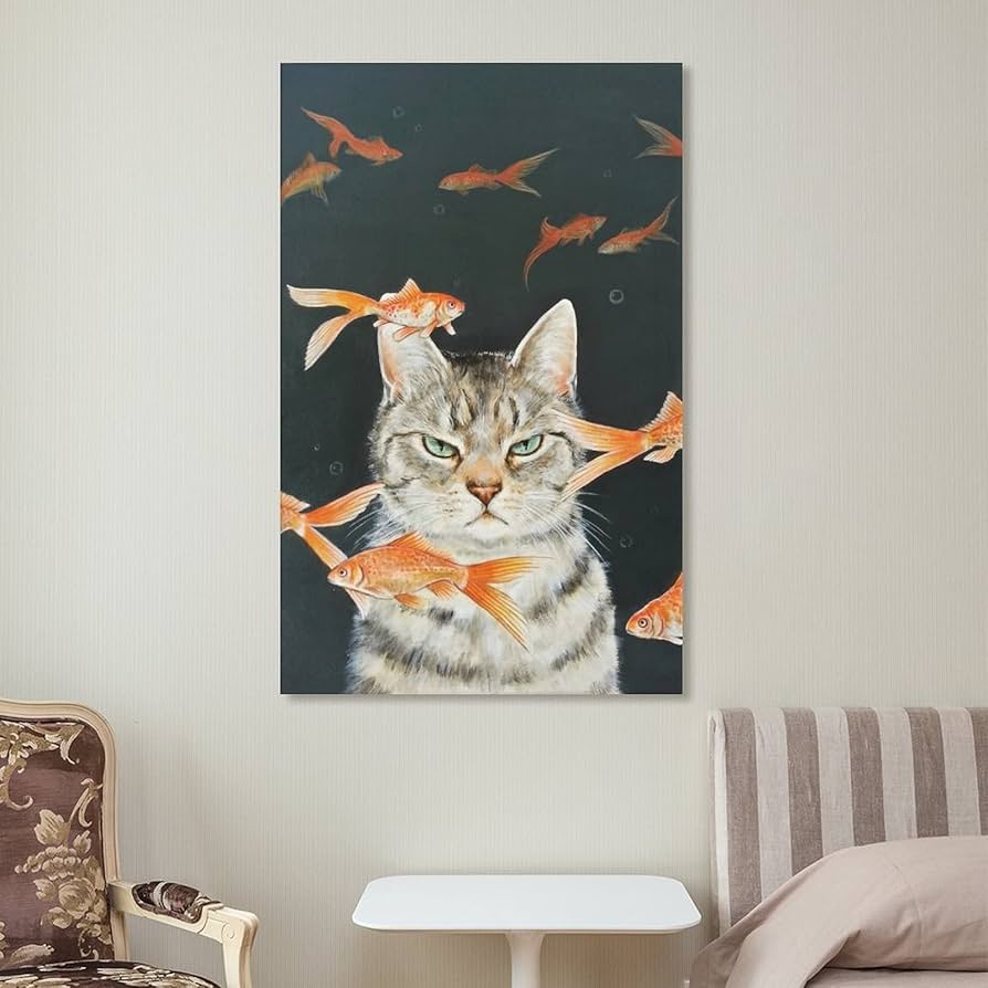Amazon.co.jp: おしゃれ 猫柄 金魚 ネコ 魚を見つめる 猫 アート