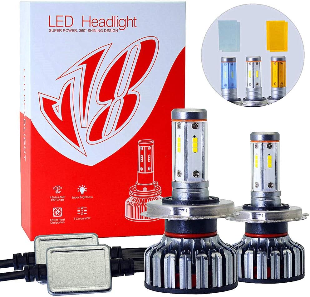3 Color H4 HB2 9003 LED Headlight Bulbs Conversion Kit 100W 12000LM 360 degree，4 Sides LED CSP Chips - DIY 3000K Yellow/6000K White/8000K Blue Car Fog Lamp High & Low Beam Light Bulbs (H4 /HB2/ 9003)