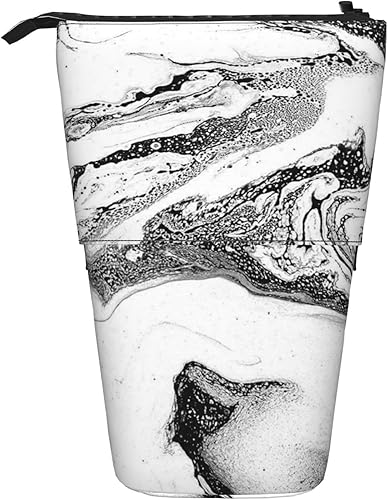 Estuche para lápices de pie, soporte para lápices desplegable, estuche telescópico de mármol blanco y negro para oficina, organizador de pie, bolsa