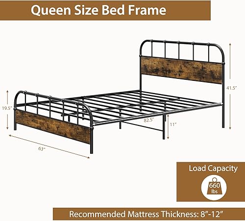 Miniatura 2 de Giantex Base de cama de metal tamaño Queen con cabecera de madera, base de cama de plataforma industrial con listones de metal resistente, base de