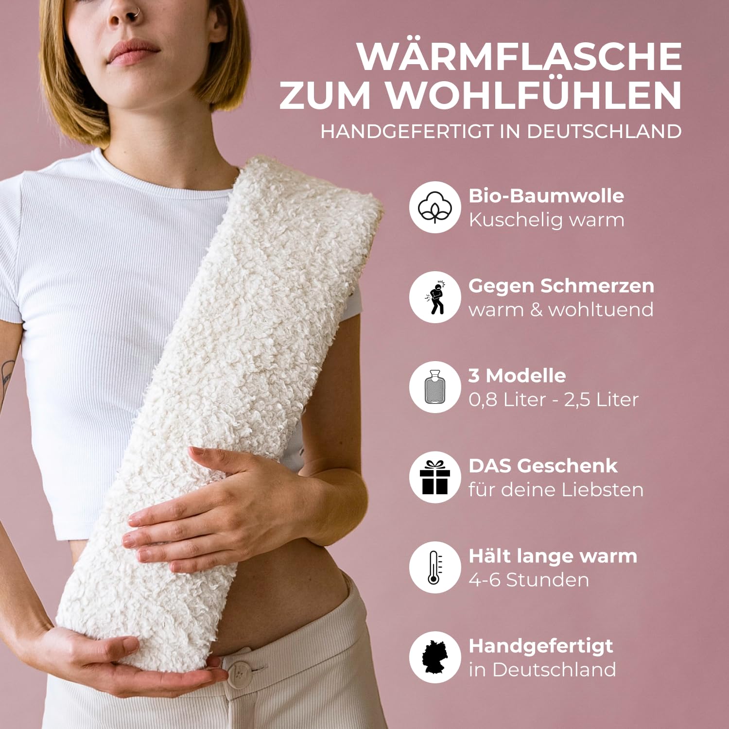 Bolsa de agua caliente con funda de algodón orgánico extrasuave, fabricada en Alemania, botella de agua caliente mullida y cálida para aliviar el dolor, Easy and Green (2,5 L de largo)