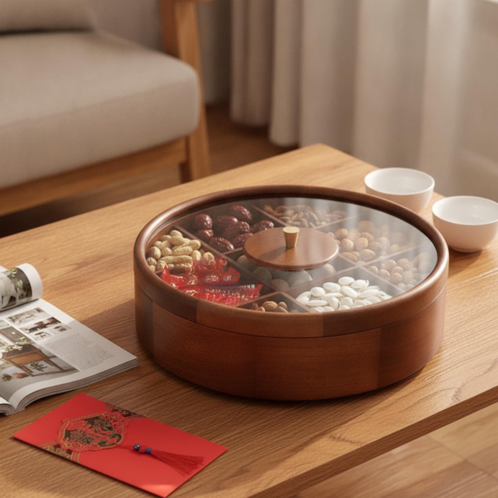 Qianly Organizador Aperitivos con Compartimentos Multicompartimento Caja Aperitivos con Tapa Redondo Banja Dividida para Invitados