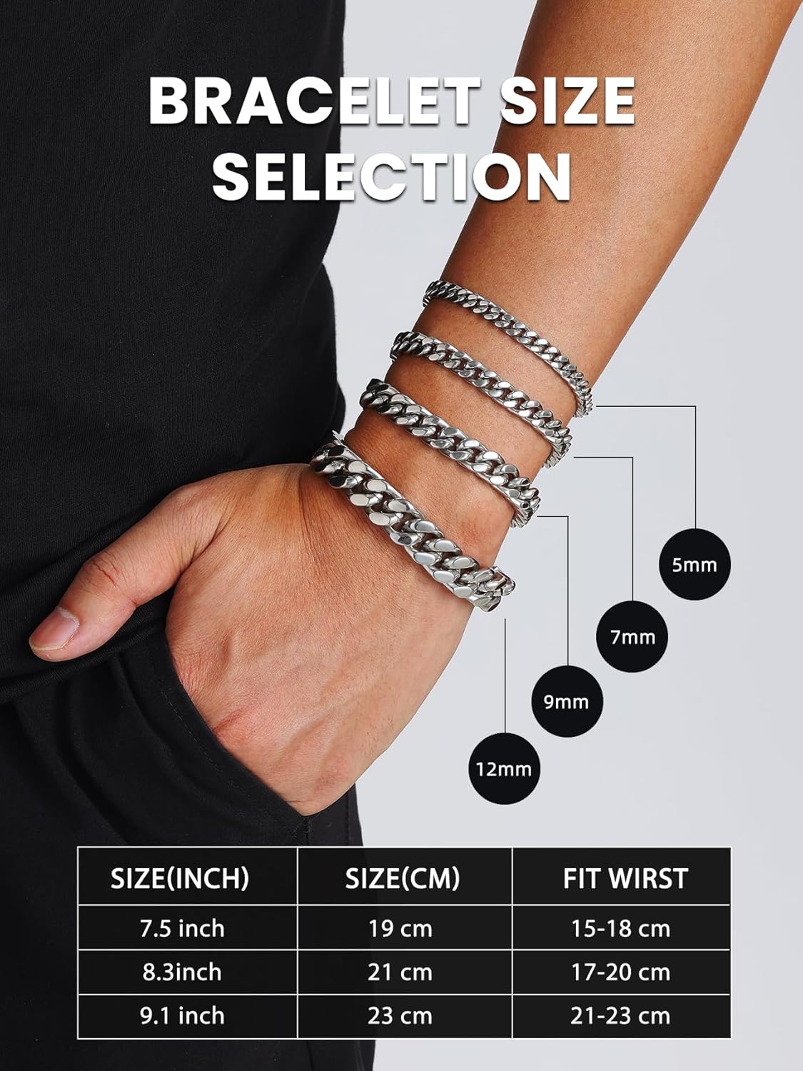 Bestyle Thick Mens Cuban Link Chain Bracelets, Durable Real 18K Gold/Black Metal Plated Solid Stainless Steel Hand Chain Cuban Bracelets for Men, Silver Black Gold Bracelets for Father Husband - Image 2