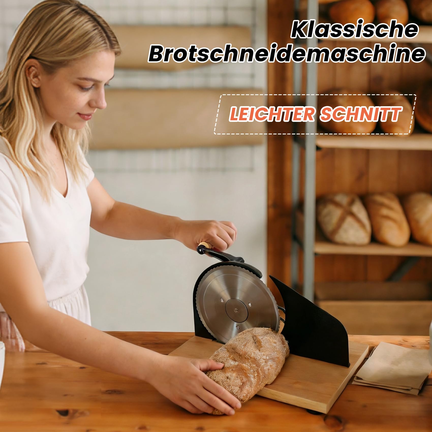 Manuelle Brotschneidemaschine mit Handkurbel | Scheibendicke stufenlos wählbar 1–20 mm | Edelstahlklinge mit Wellenschliff | Rutschfeste Saugnäpfe | Für Sauerteig, Roggen, Toast & Baguette