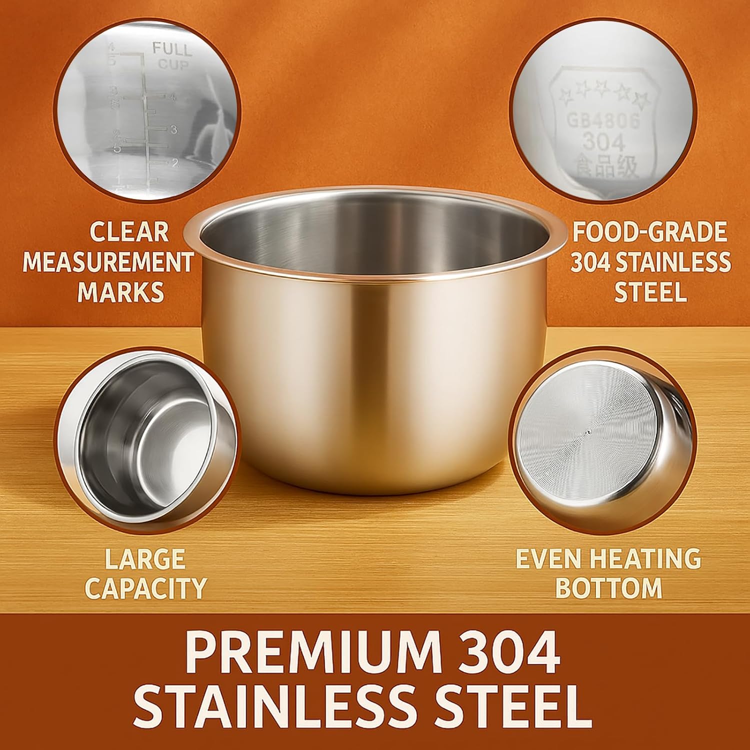Rice Cooker Stainless Steel Inner Pot, 5.5 Cup Replacement Bowl Compatible with Tiger JBV-A10U and Aroma ARC-6106, Durable 304 Steel, Easy to Clean and Dishwasher Safe