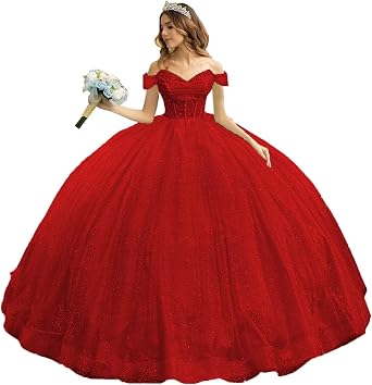 Beaded Tulle Quinceanera Dresses with Bow Puffy Off Shoulder Sweet 16 Dresses Sparkly Crystal Quince Dress with Train
