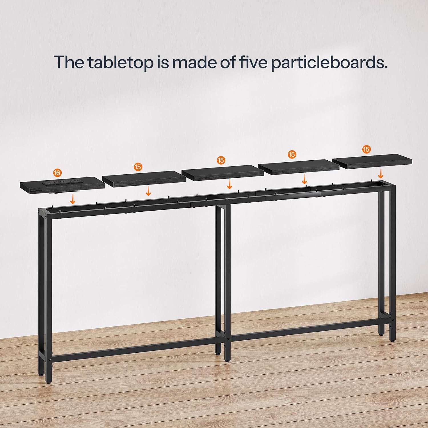Diagram showing five tabletop panels being placed onto the metal frame of the console table.
