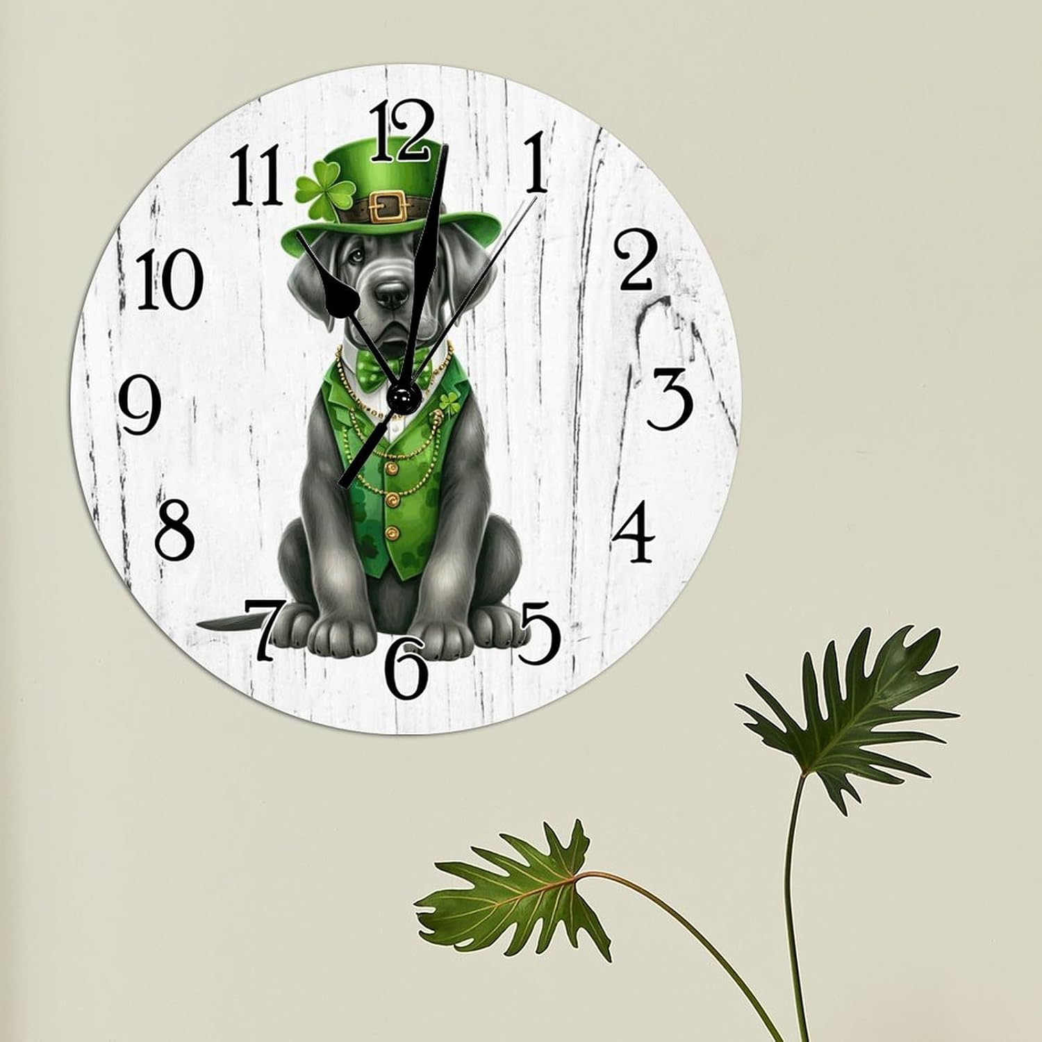 Great Dane Dog St. Patrick's Day Wooden Wall Clock Great Dane Dog Green Leprechaun Hat Leaf Clock Battery Operated Silent Wall Clocks Dog Owner Gift Wooden Clock for Bedroom 12x12in