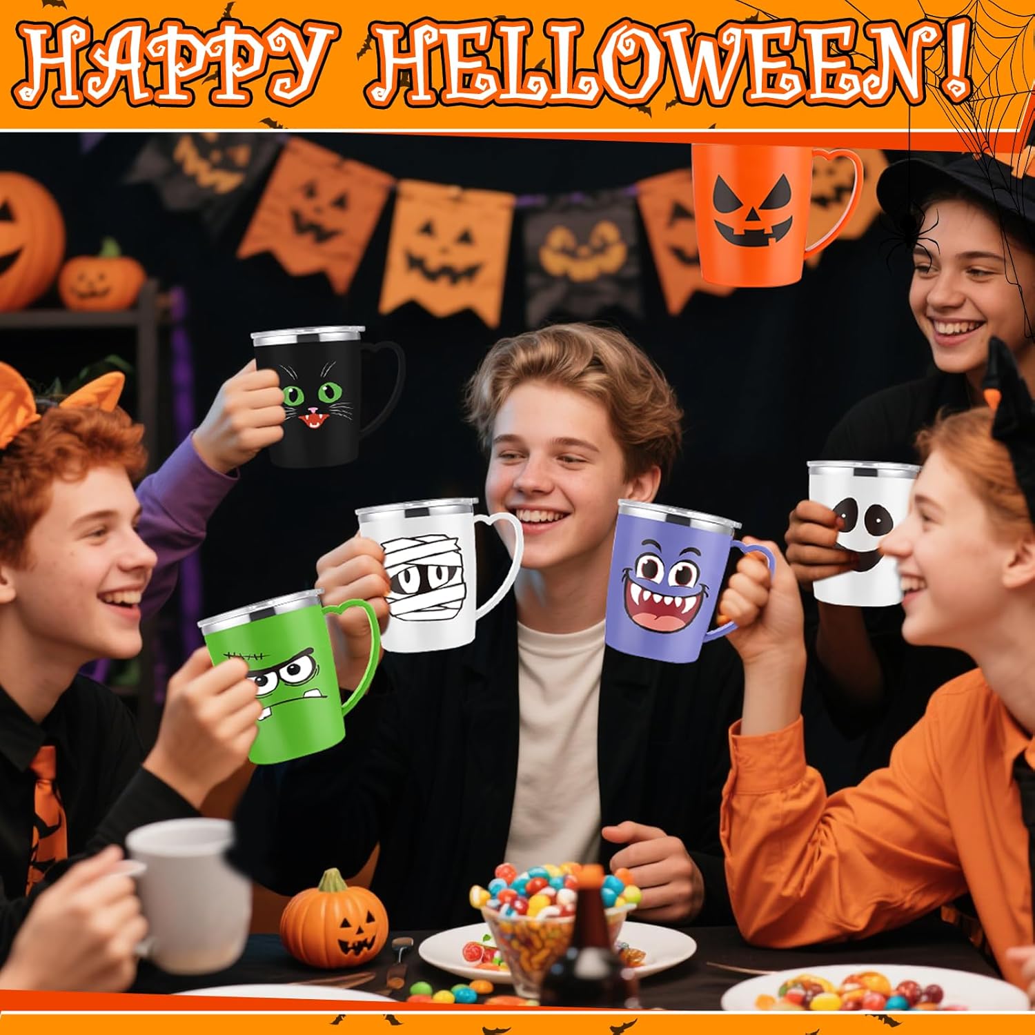 Patelai 6 Sets Halloween Coffee Mugs Cups 16 oz Halloween Stainless Steel Insulated Tumblers Bulk with Handle Lid Straw Brushes Clear Opp Bags Ribbons Spooky Black Cat Ghost Trick or Treat Party Gifts - Image 5