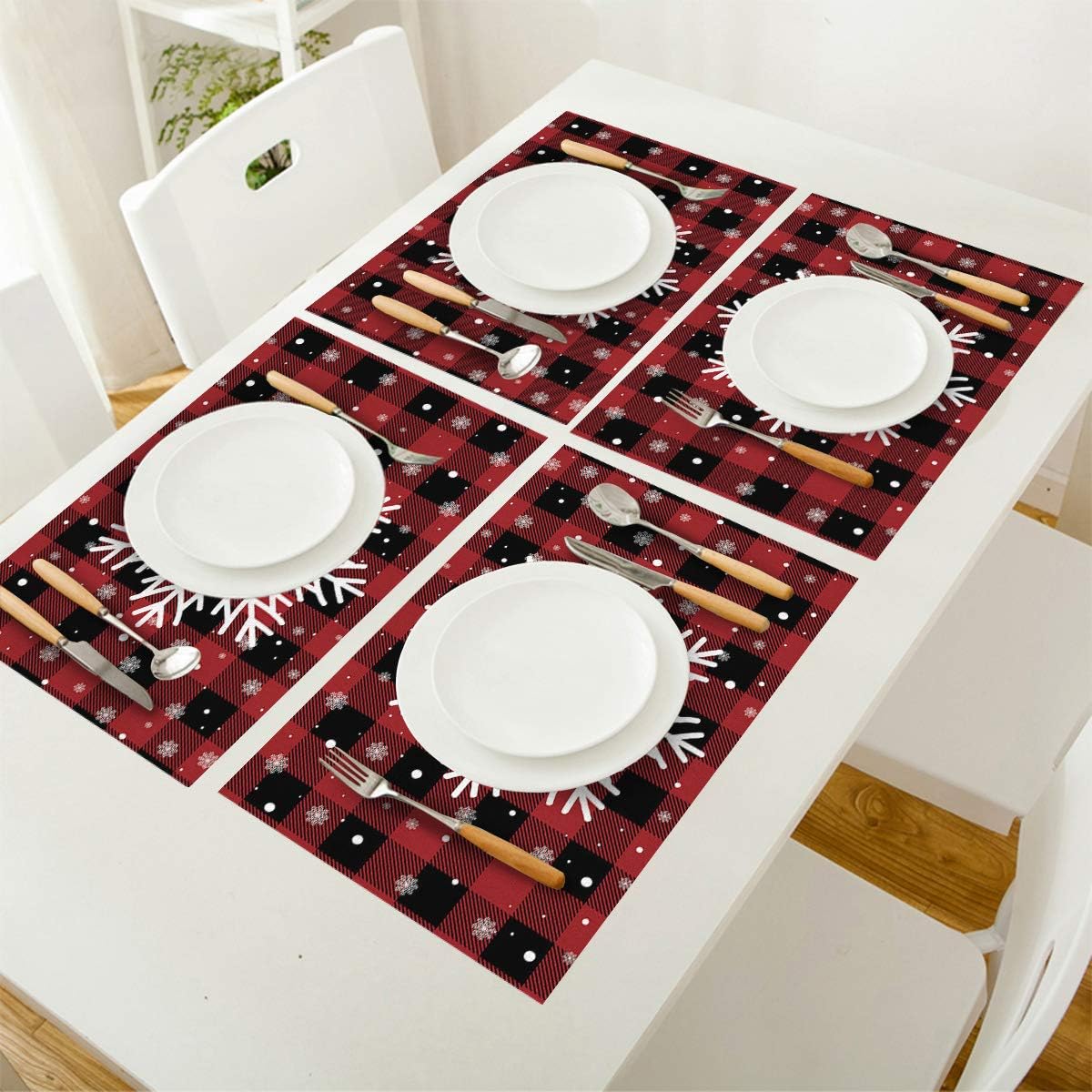 Christmas Placemats Set of 4 Dining Table Mats Linen Burlap Kitchen Place Mats Washable Table Mats Protect A Table from Messes - Xmas Snowflake Red Black Plaid