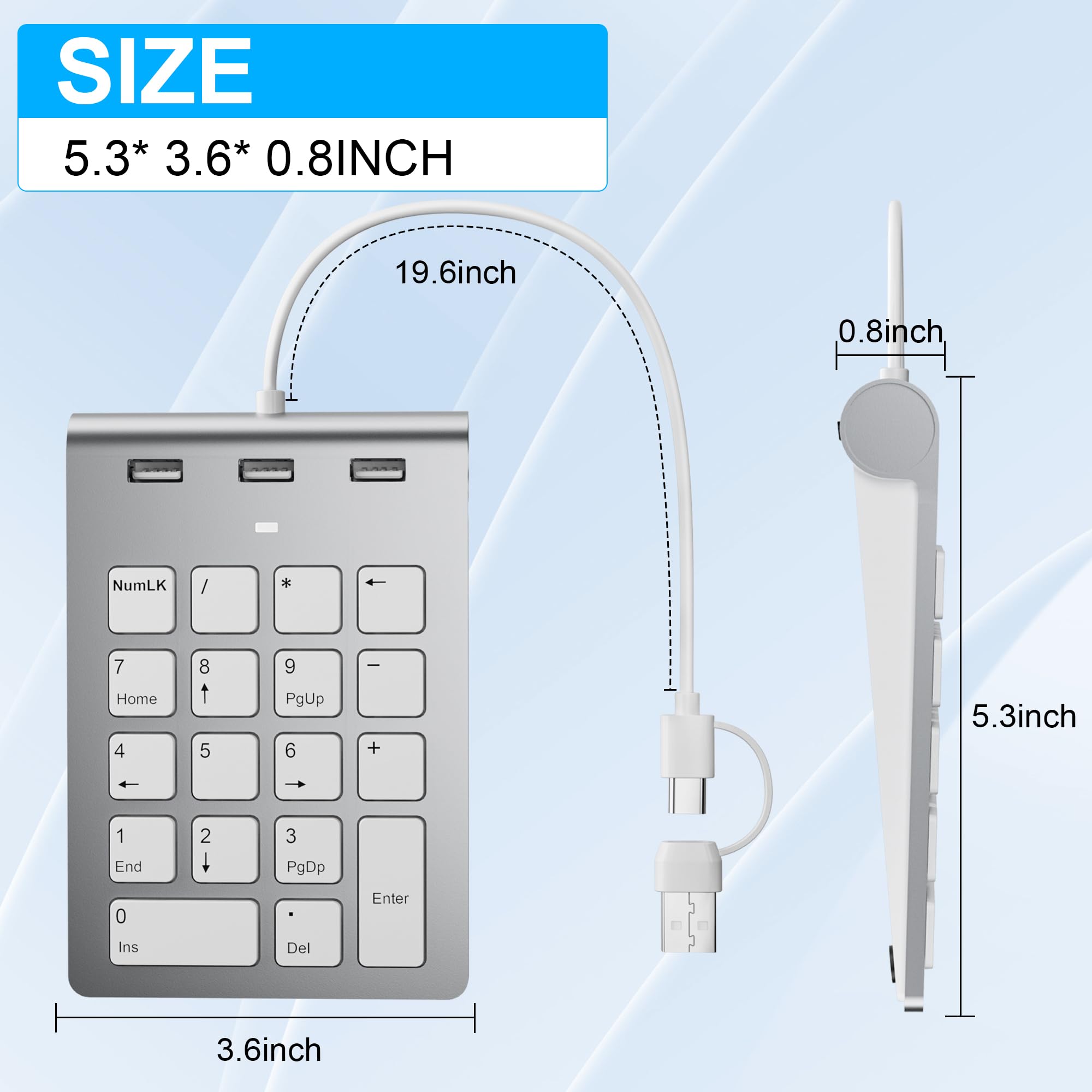Pavé Numérique avec câble USB, USB A/USB C Clavier Numérique Ergonomique Portatif Mini avec 3 USB 2.0 Ports, Pavé de Calcul de Bureau 18 Touches pour Ordinateur Portable, Surface Pro, PC, iMac, iPad