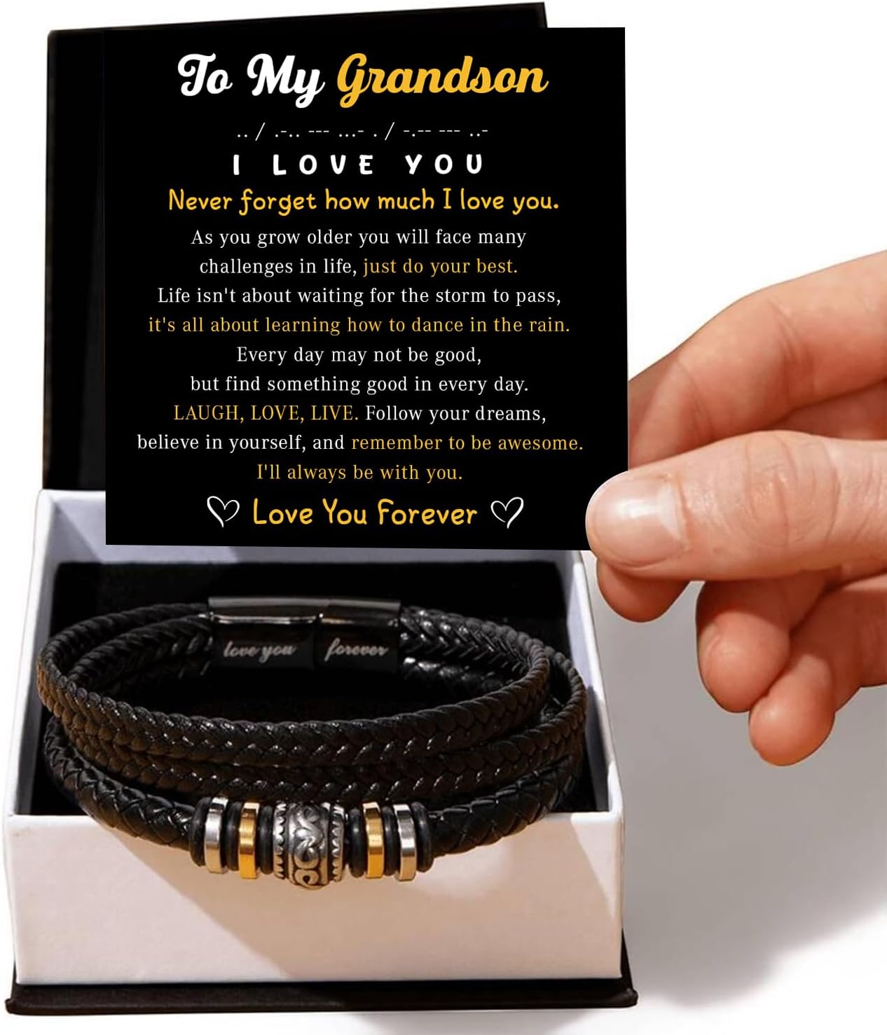To My Grandson – Braided Leather Bracelet with Love You Forever Message, Thoughtful Gift from Grandpa & Grandma with Elegant Gift Box – Ideal for Birthday, Graduation, Christmas For Grandson