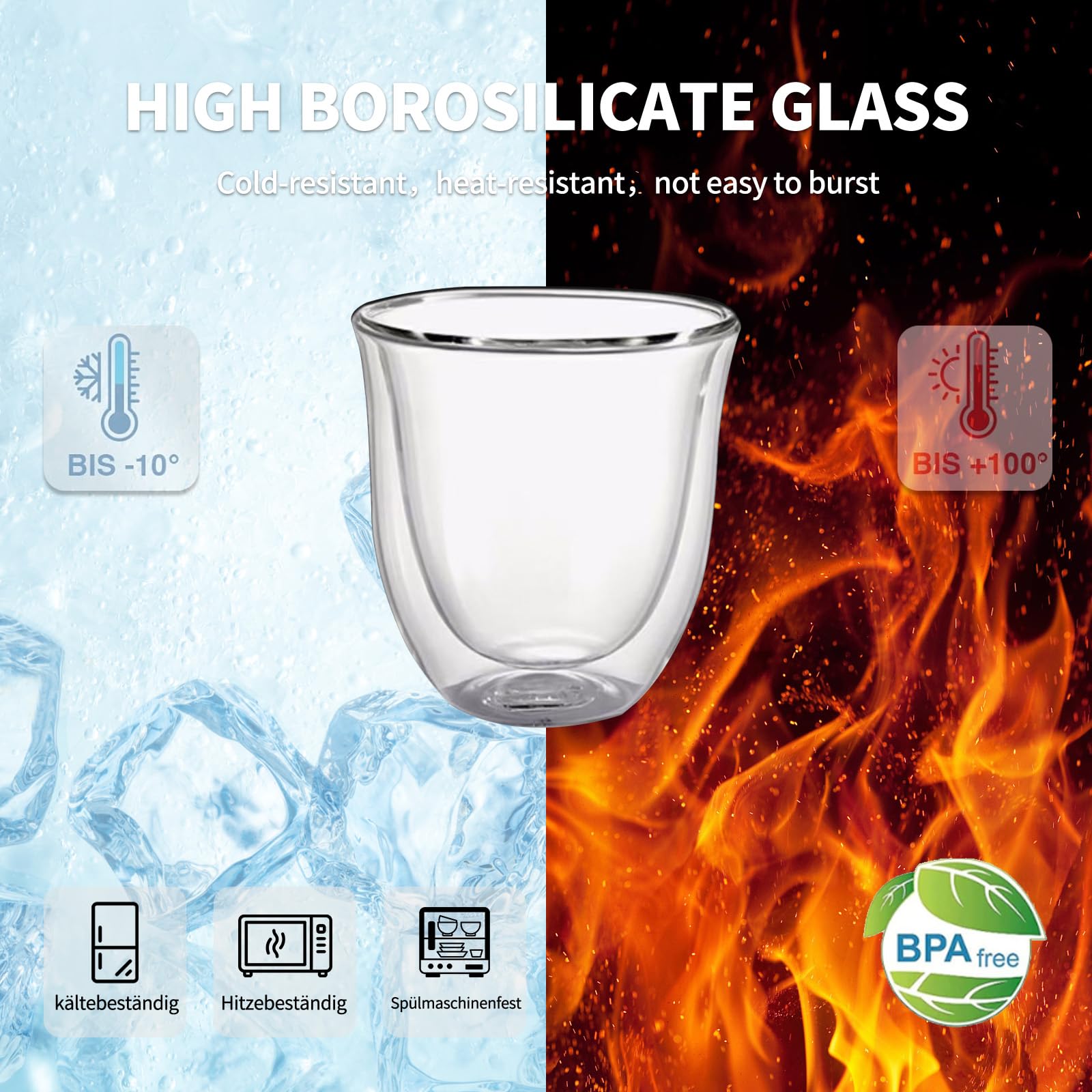 Espressotassen Glas 80 ml 6er Set – Doppelwandige Espressogläser aus Borosilikatglas, Isolierend & Hitzebeständig, Espresso Gläser für Espresso, Cappuccino & Mokka, Spülmaschinenfest