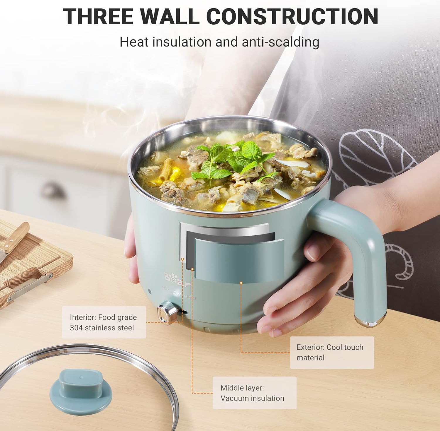 Bear Hot Pot with Steamer, 1.2L Portable Stainless Steel Electric Pot, Rapid Noodles & Ramen Mini Pot, Multifunctional Dormitory Cooker for Eggs with Boil Dry Protection