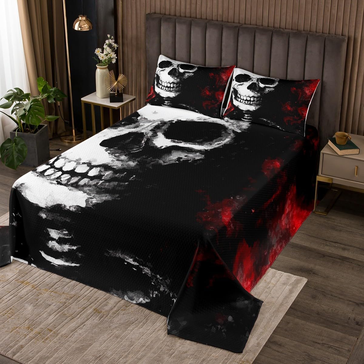 Erosebridal Halloween Quilted Coverlet Skull Bedspread Gothic Spooky Bedding Set Horror Skeleton Bones Coverlet Set for Kids Boys Girls Teens Dorm Decor 2Pcs Bedding Twin Size, Red Black