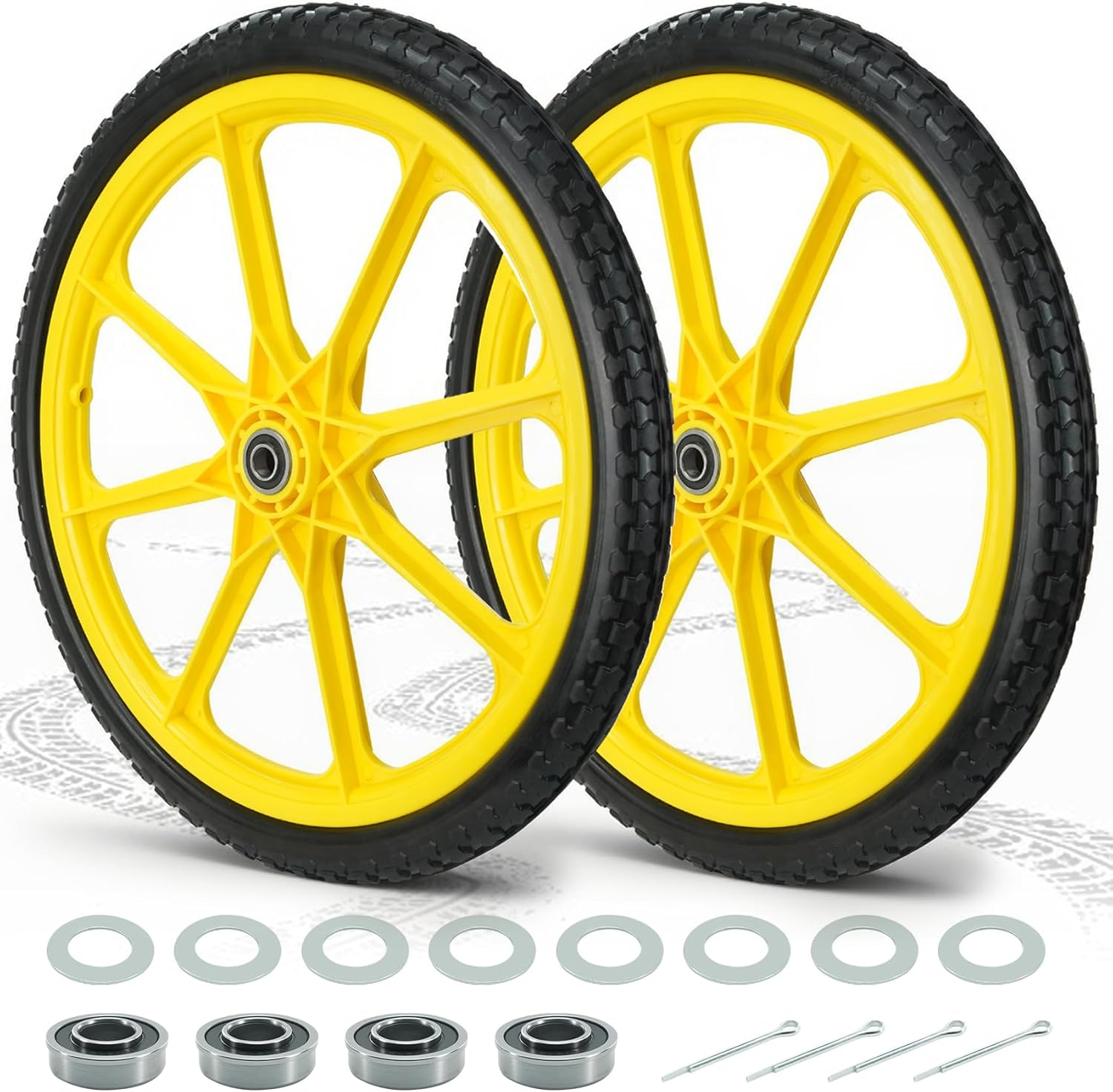 20” Flat Free Wheelbarrow Tires, 5/8” Extra 3/4”Bearing, with 2.45” Centered Hub, Replacement for Rubbermaid Wheelbarrow wheels, Garden Yard Cart, Big Wheel Utility Carts (Yellow, 2 pick)