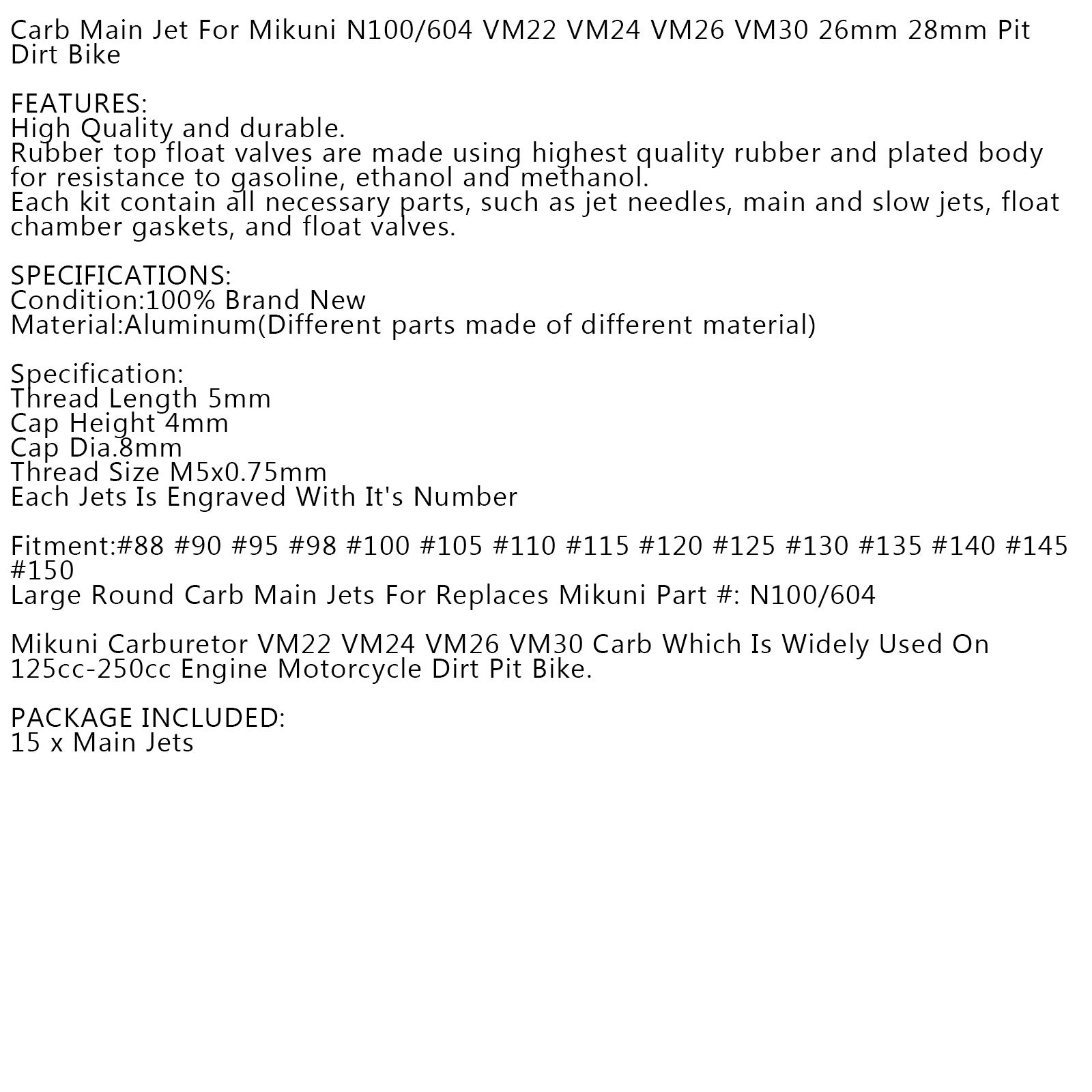 JETS PRINCIPAUX 5 Mm Pour Carburateur Mikuni VM22 VM24 Dirt Pit Bike